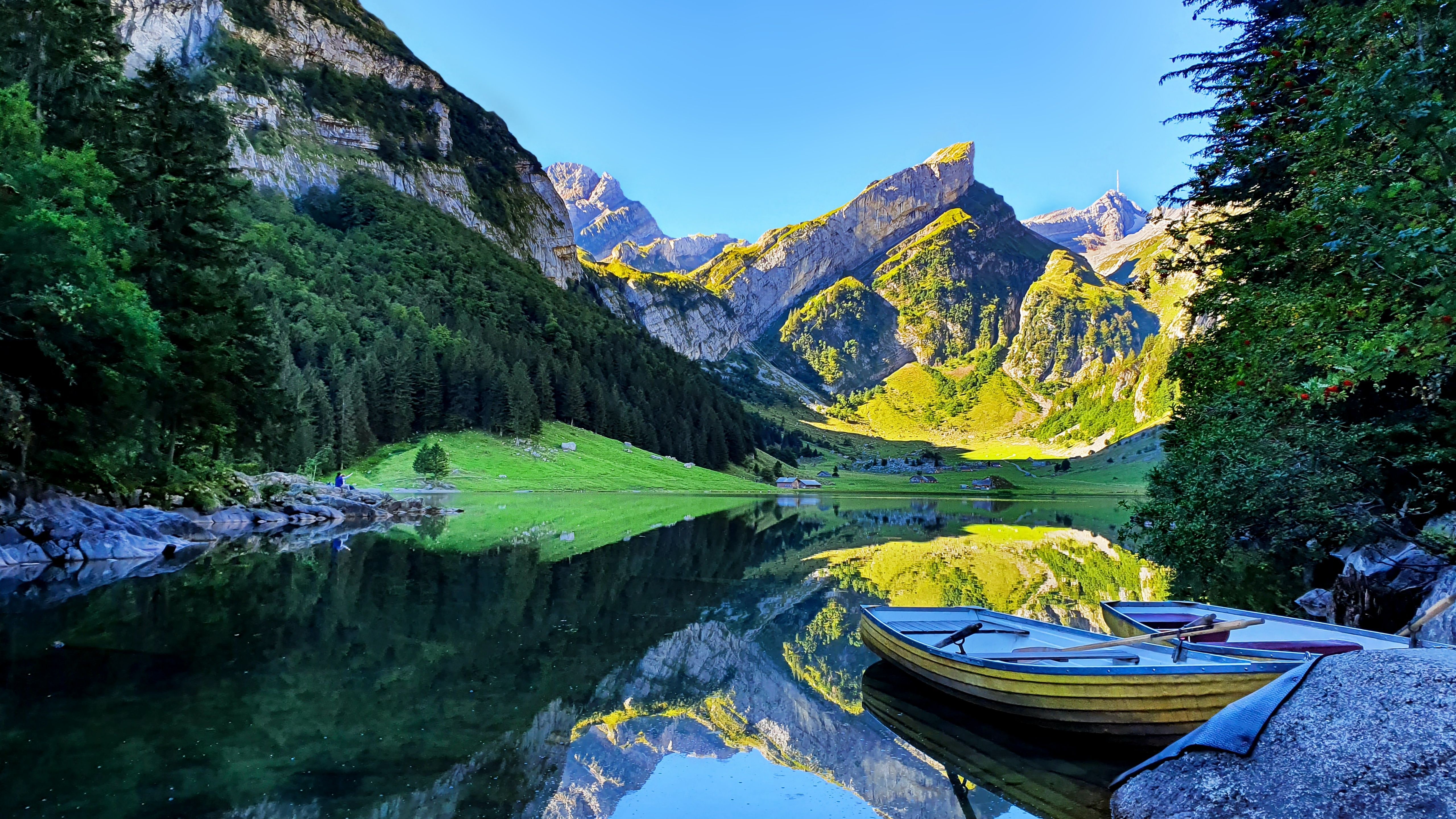 5120x2880 Seealpsee lake Wallpaper 4K, Switzerland, Rowing boat