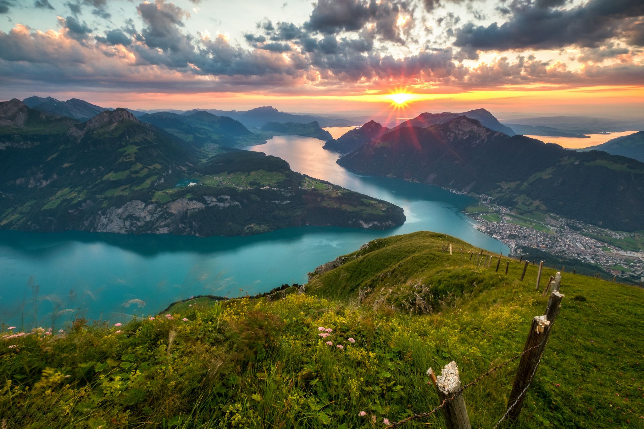 2048x1365 Wallpaper sunset, mountains, lake, Switzerland, Alps, panorama, Switzerland, Alps for mobile and desktop, section пейзажи, resolution 2048x1365