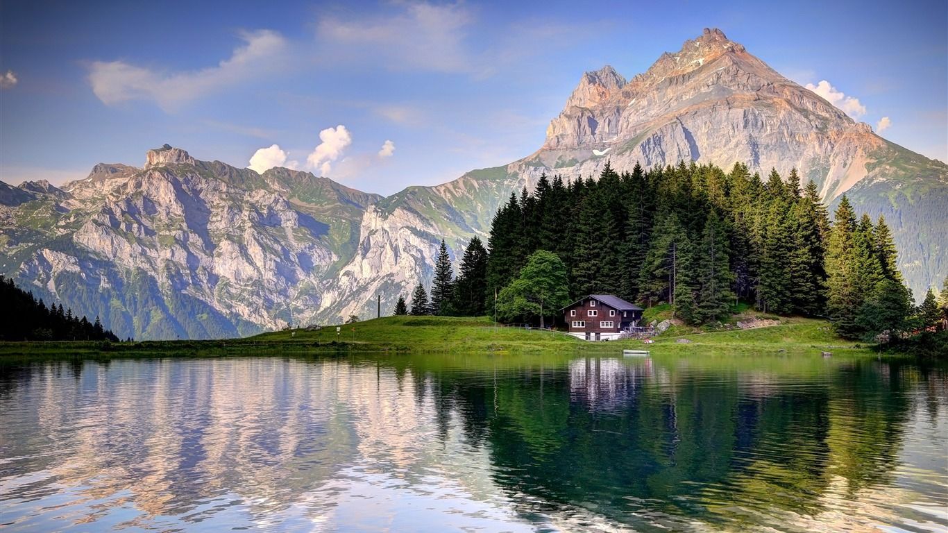 1366x768 Swiss Alps Lake House 2020 Scenery HD