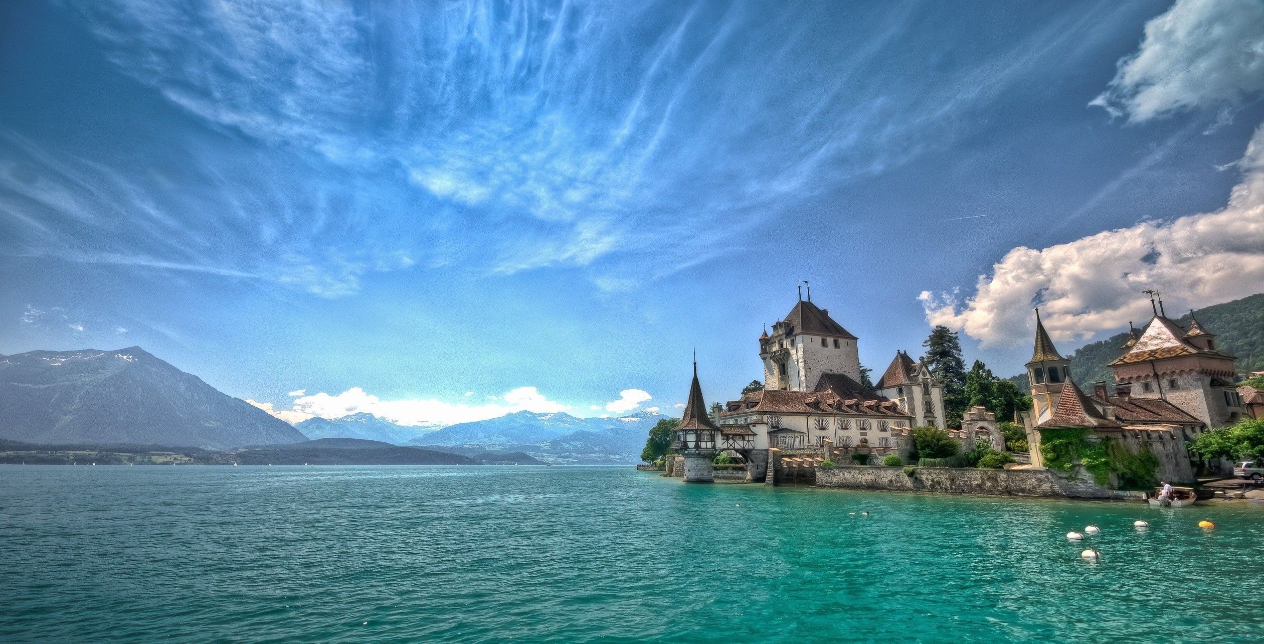 2521x1284 lake, Mountain, Clouds, Castle, Summer