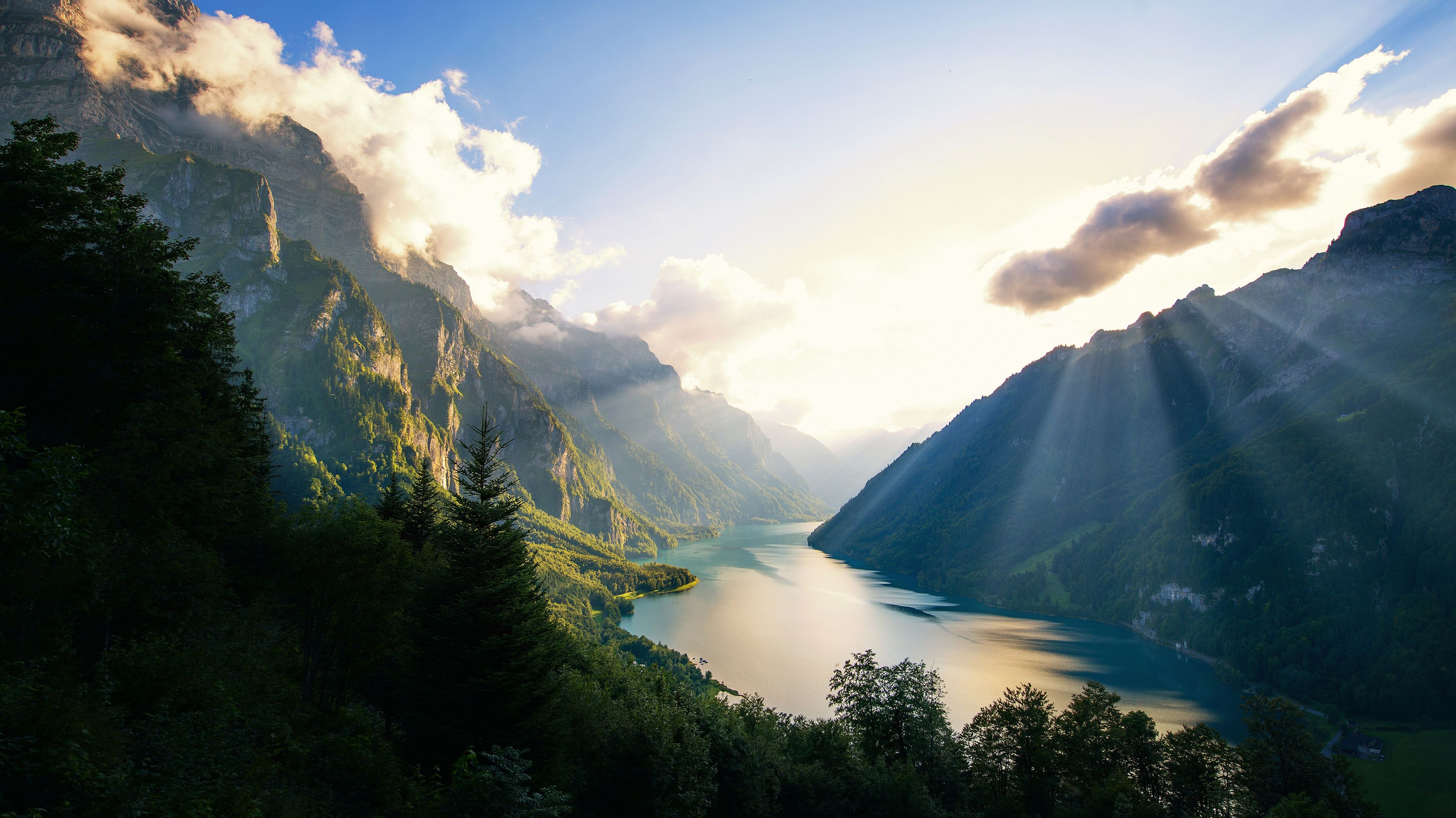 3840x2160 Wallpaper mountains, lake, forest