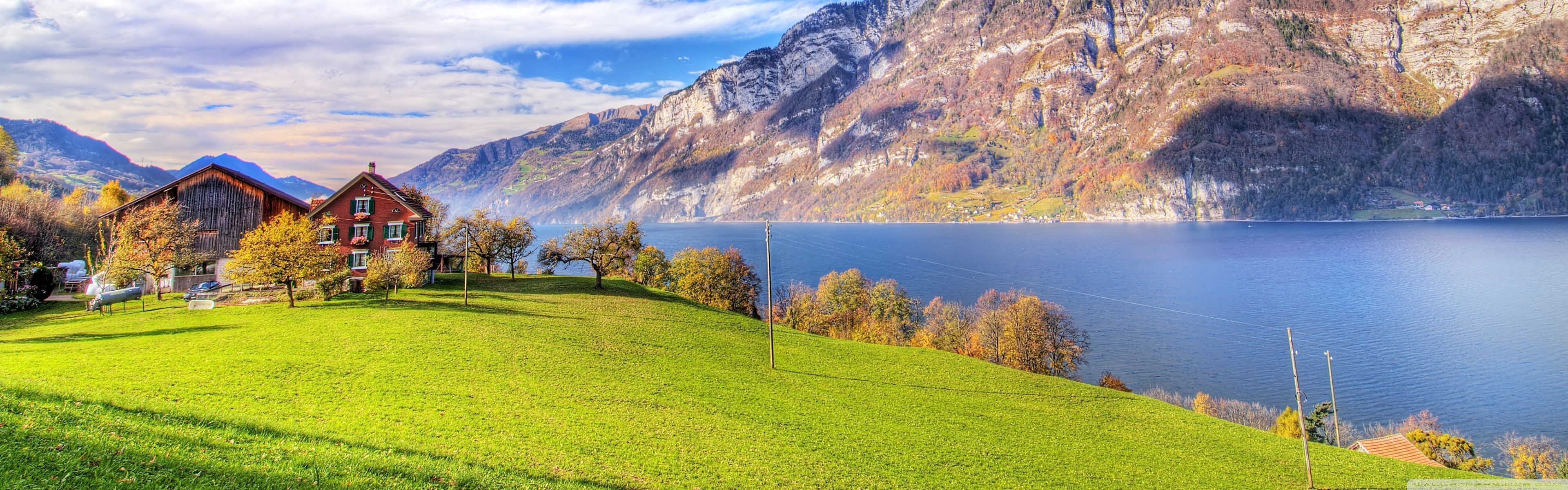 3840x1200 Lake in Switzerland 4K UHD Wallpaper