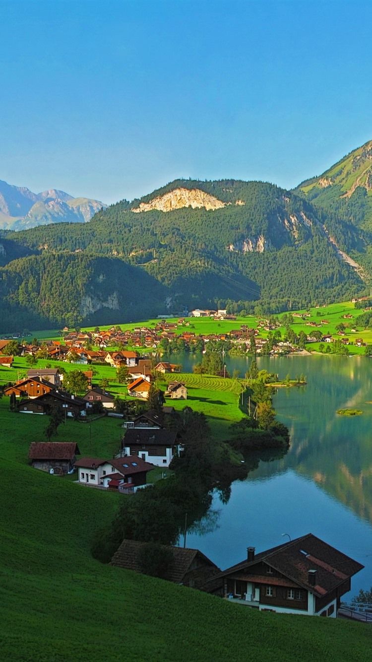 750x1334 Switzerland, mountains, lake, village