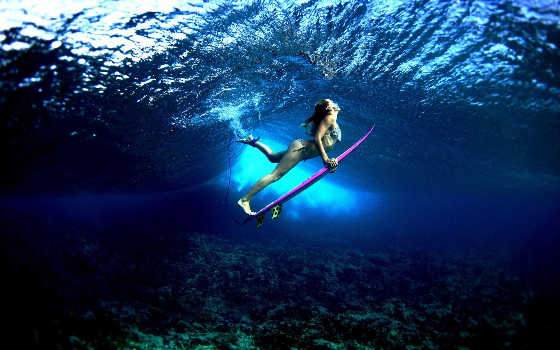 1920x1200 Wallpaper surfing, girl, board, ocean, water, underwater desktop