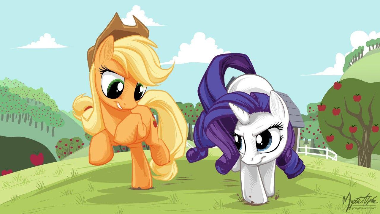 1280x720 Applejack And Rarity, unicorn, white, body, tree wallpaper