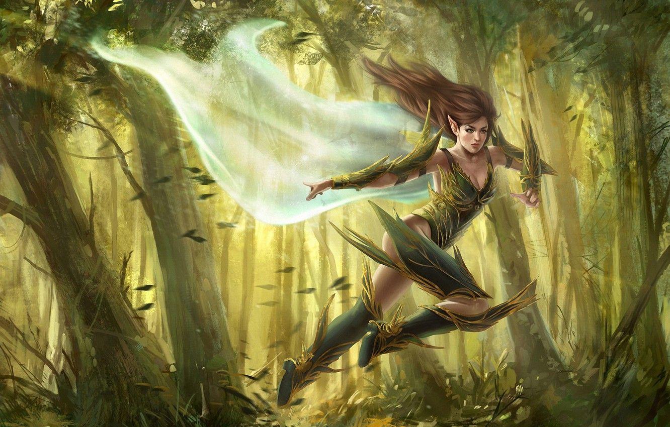 1332x850 Wallpaper forest, girl, the wind, fantasy, art, running, elf