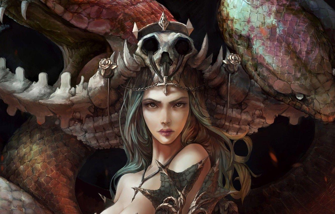 1332x850 Wallpaper sake, girl, fantasy, snake, Queen, crown, face, artwork