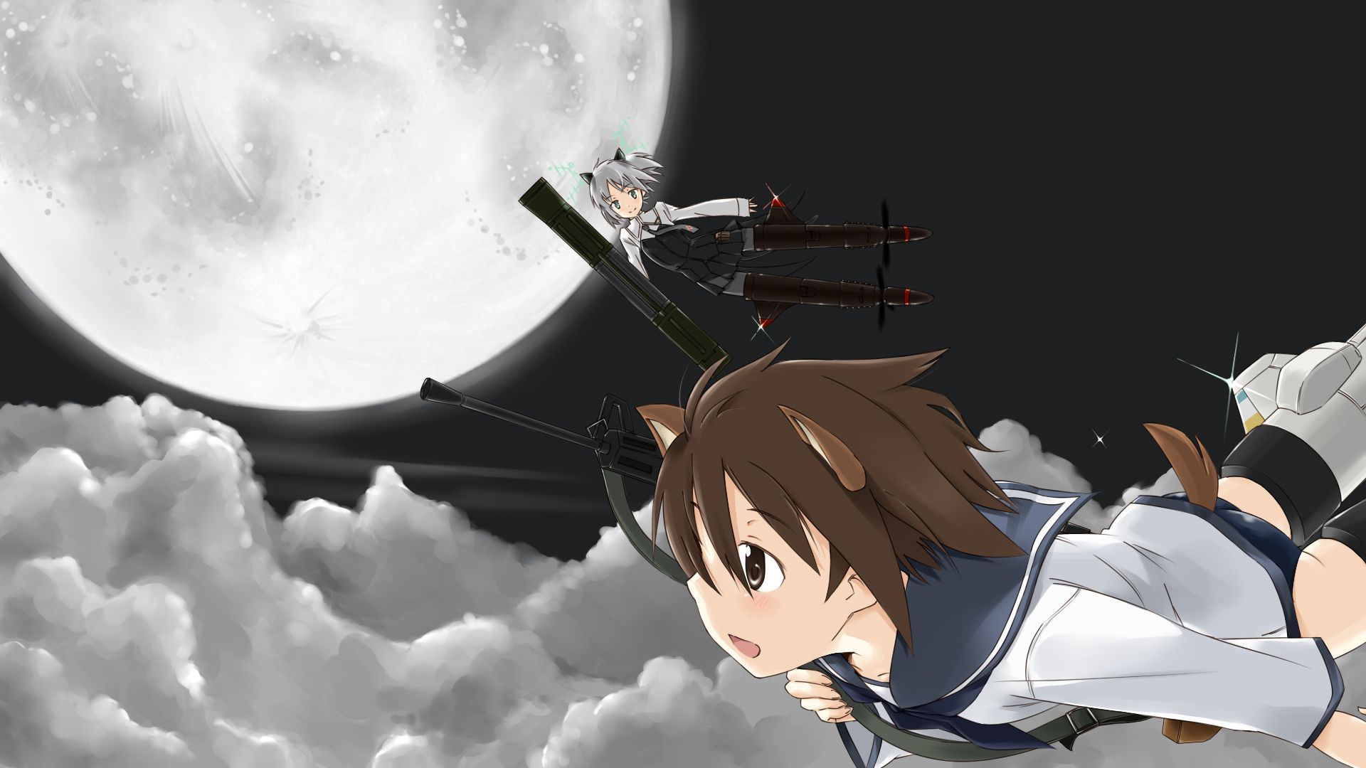 1920x1080 animal ears gun miyafuji yoshika moon sanya v litvyak strike witches tail weapon. konachan.net.com Anime Wallpaper
