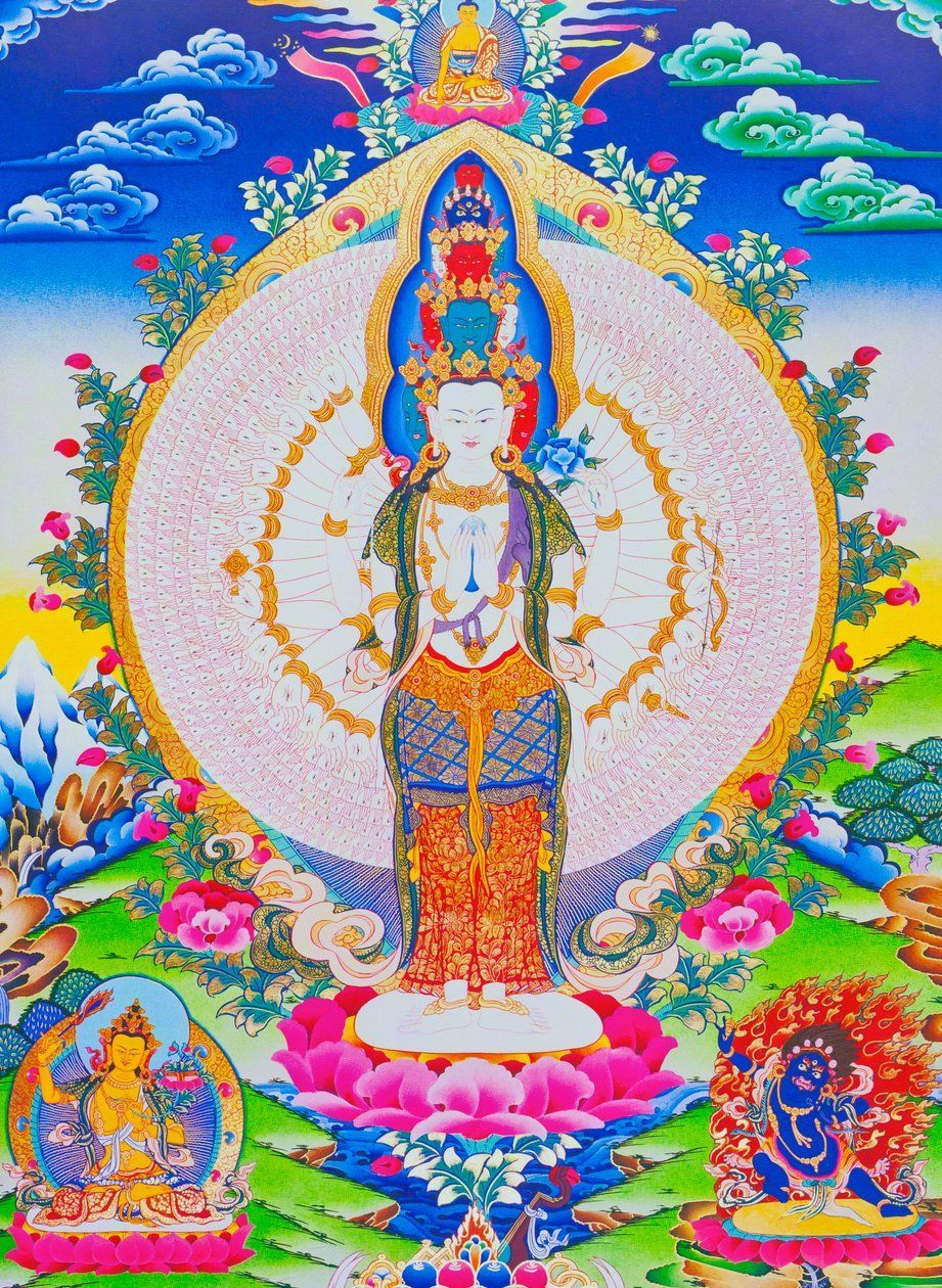 921x1260 Image depicting the thousand arms Avalokiteshvara, the eleven headed Avalokiteshvara with thousand arms and 1022 eyes symbolising infinite compassion