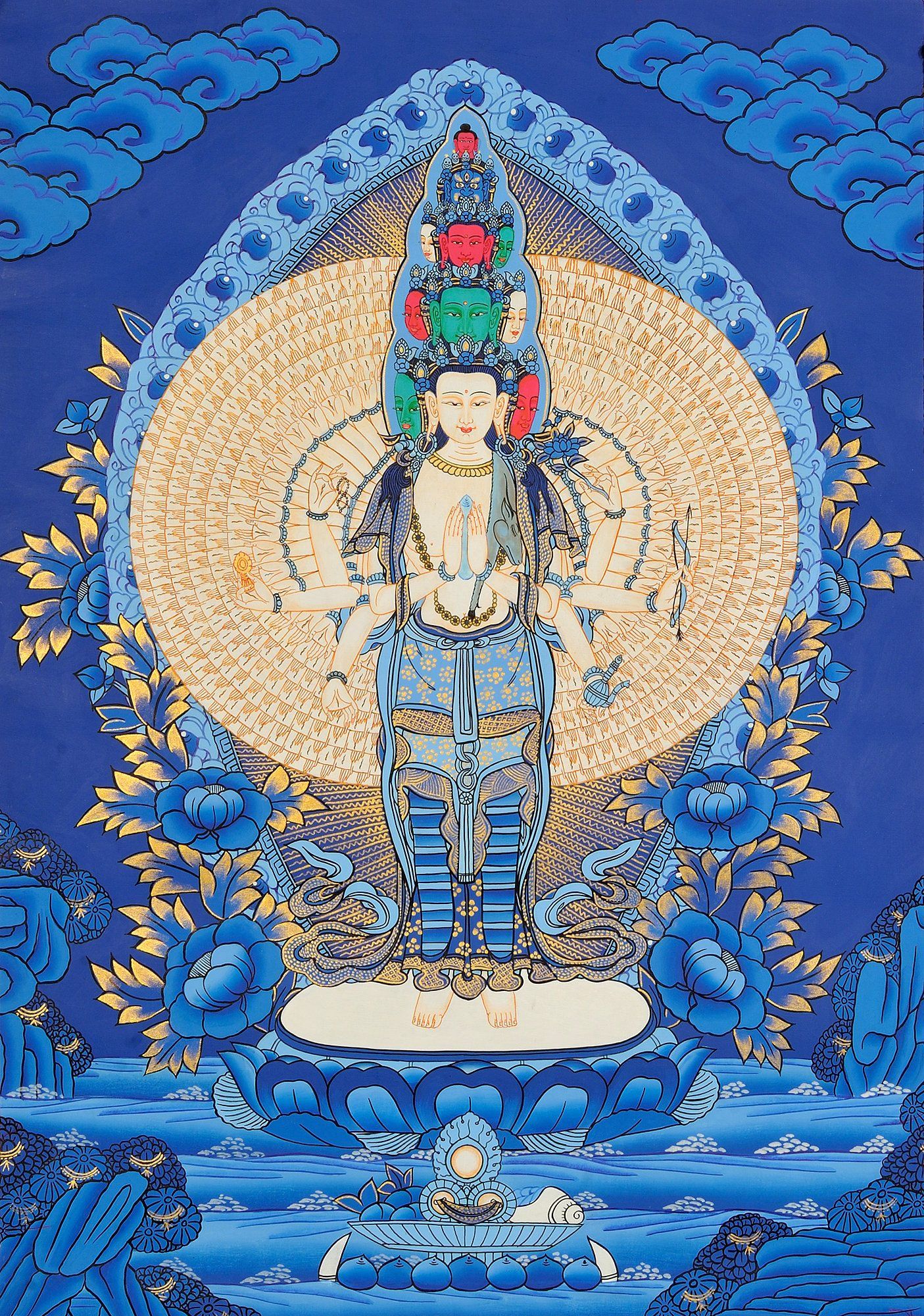 1405x2000 Buddhist Avalokiteshvara Thangka. Traditional Hand Painted Artwork