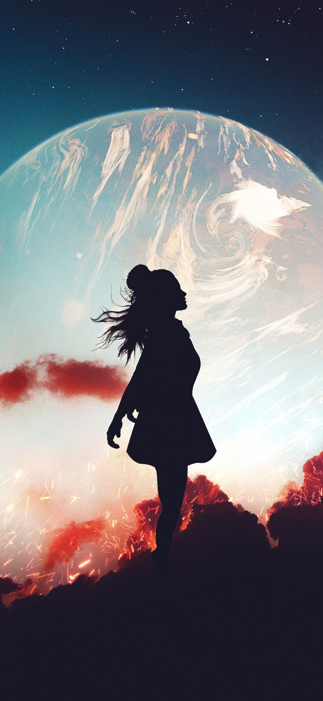 1080x2340 Alone Wallpaper 4K, Girl, Silhouette, Mood, Planet
