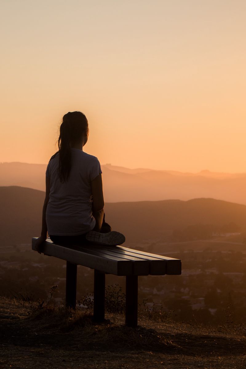 800x1200 Download Wallpaper 800x1200 Bench, Alone, Solitude, Sunset, Mountains, Girl Iphone 4s 4 For Parallax HD Background