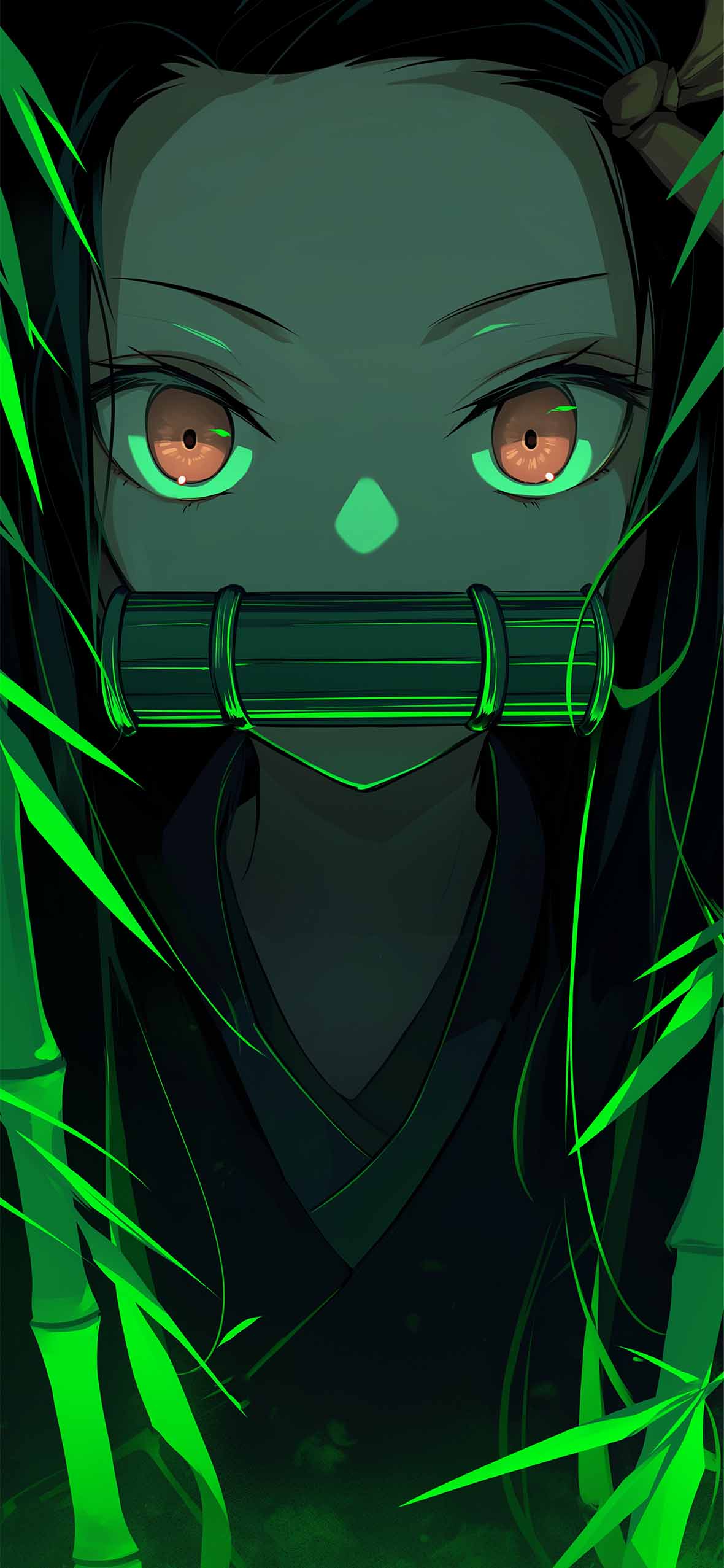 1180x2554 Nezuko Green Glow Closeup Anime Wallpaper