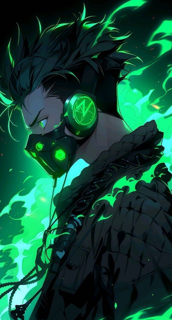 688x1280 Green gaming wallpaper. Glowing green wolf wallpaper, Green fire man, Cool anime background