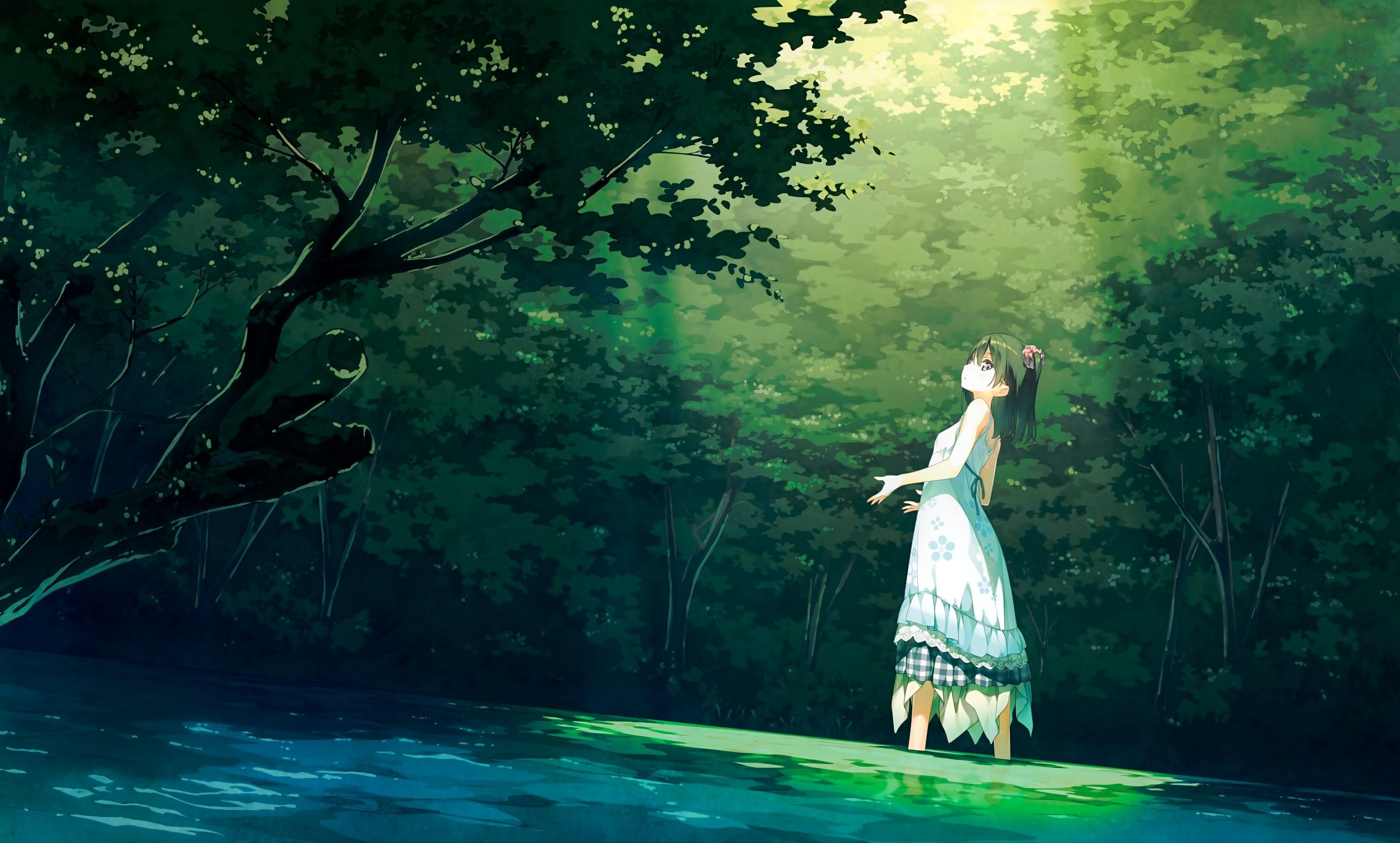 3500x2108 Anime landscape trees dress black hair forest green Gaming Mat Desk