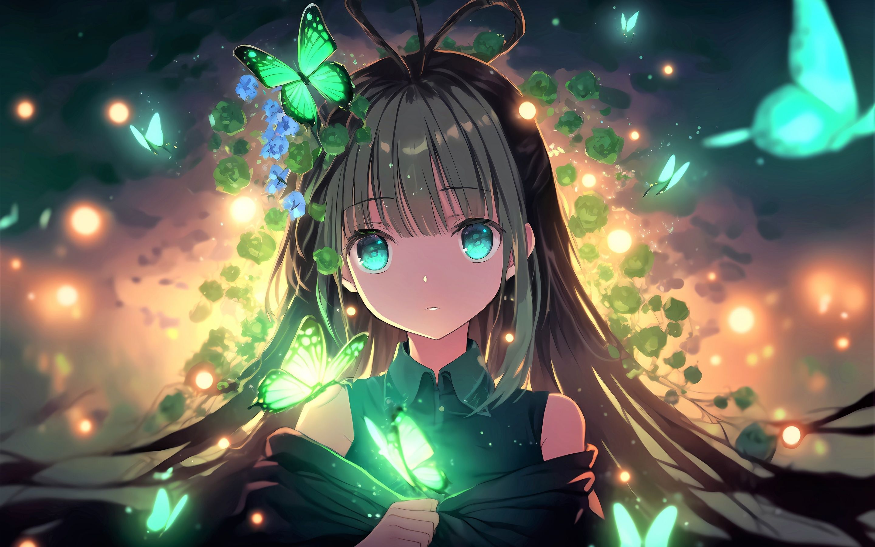 2880x1800 Anime girl Wallpaper 4K, Green eyes, Girly background
