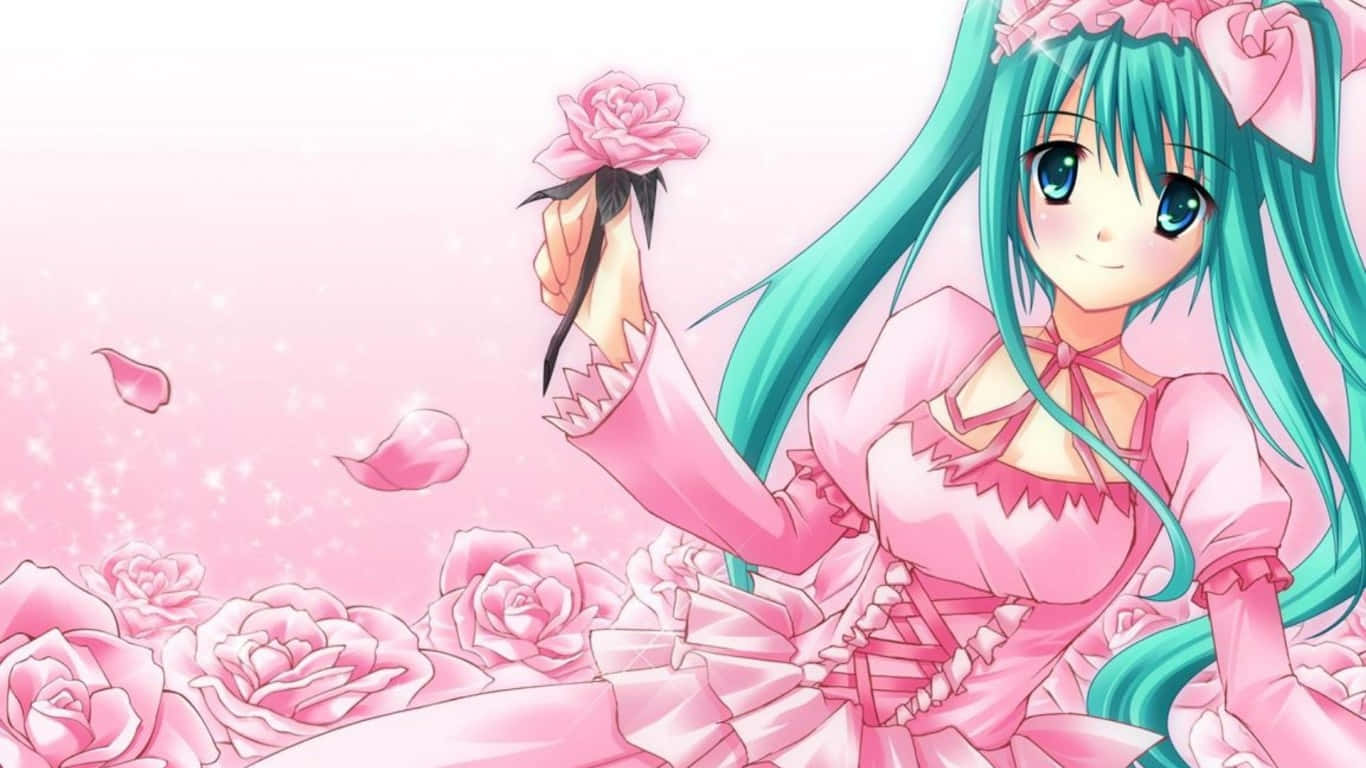 1366x768 Download Pink Rose Anime Girl Cutecore Wallpaper