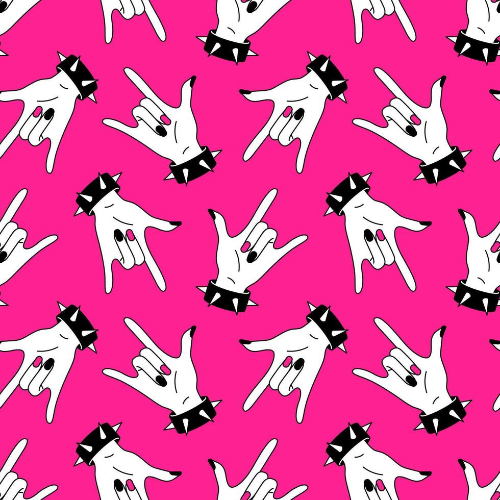 980x980 Seamless y2k pink pattern in 90s style. Trendy bg with punk girl rock hand sign. Nostalgia for the 2000s. Crazy design for music festival, party. Vector background for textile, fabric, wrapping. 40726355