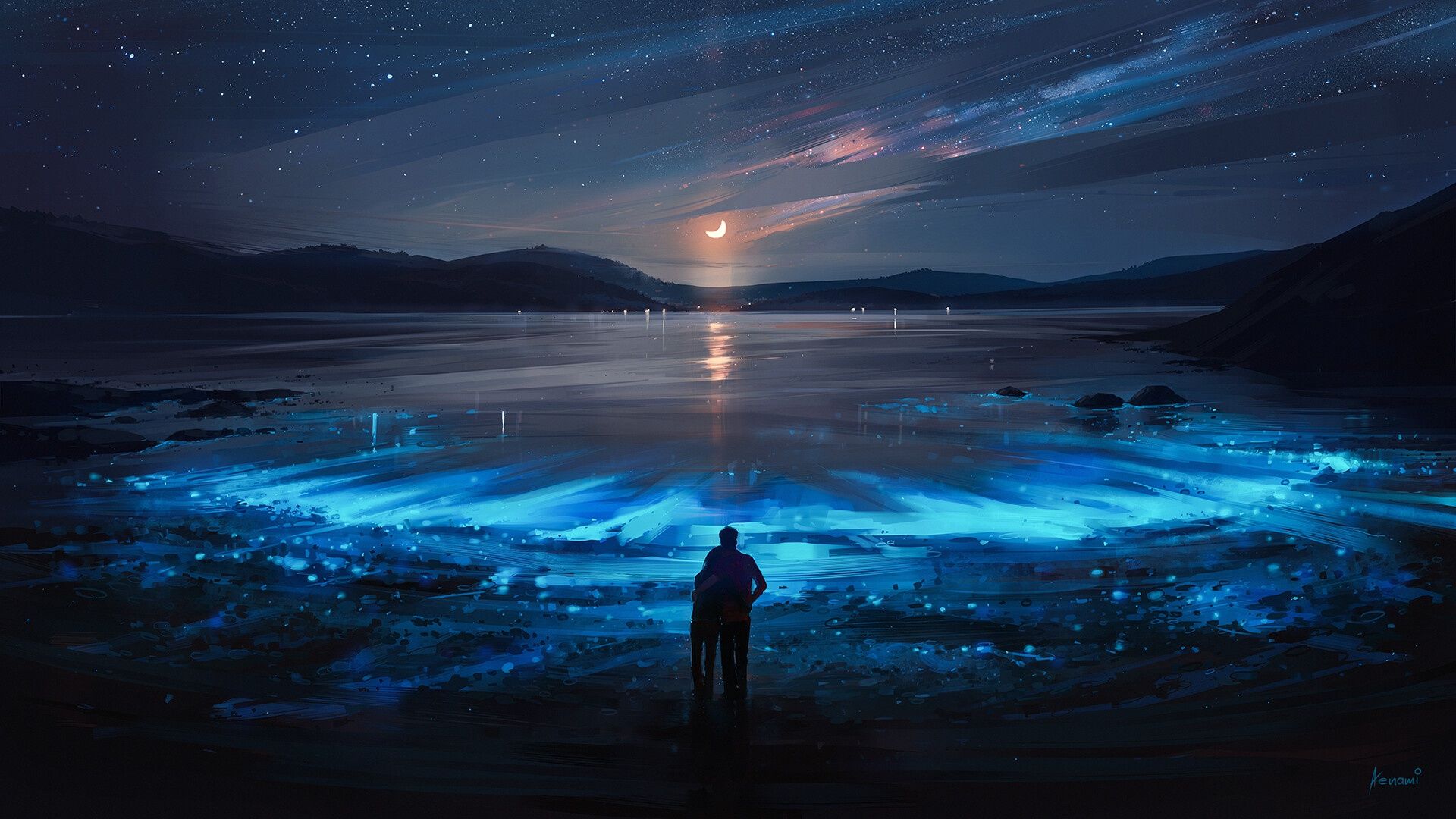 1920x1080 Wallpaper girl, moon, sky, landscape, night, art, lake, stars for mobile and desktop, section арт, resolution 1920x1080