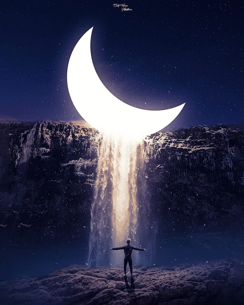 800x1000 Moonlight, dark, fantasy, galaxy, light, moon, night, sky, stars, universe, waterfall, HD phone wallpaper