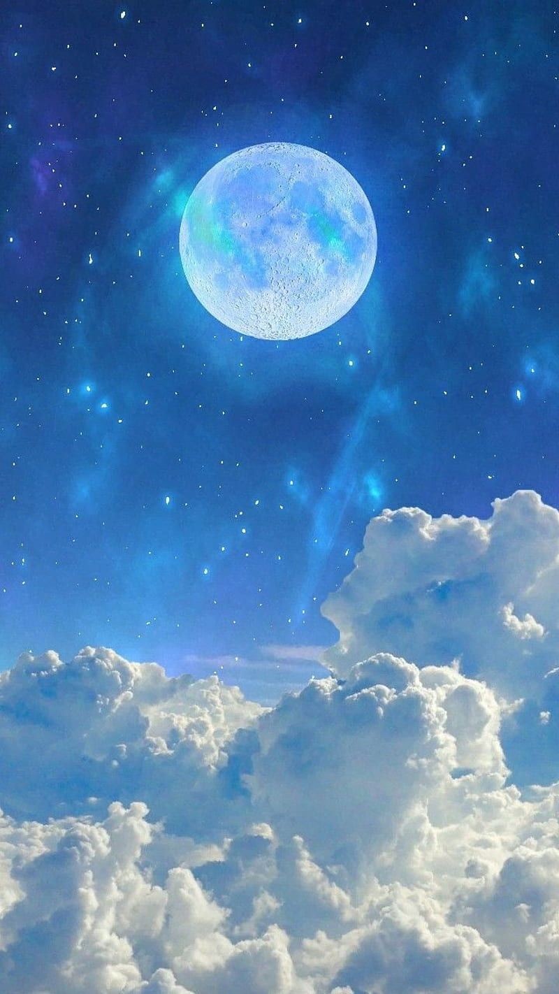 800x1422 Full moon, blue, clouds, fantasy, galaxy, night, sky, space, stars, universe, HD phone wallpaper