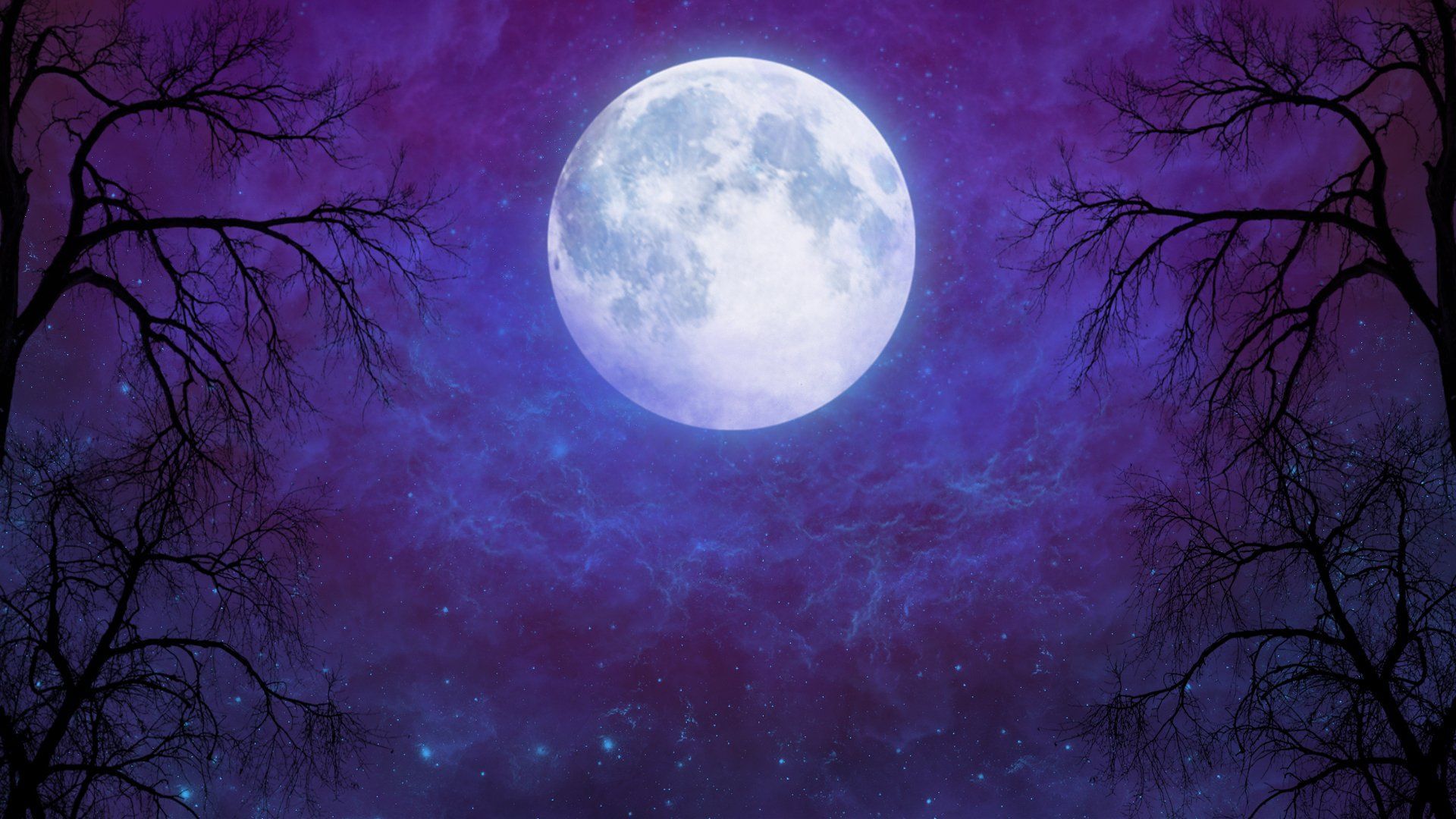1920x1080 Moonlit Night: Purple Sky Silhouettes Under Starry Clouds HD Wallpaper