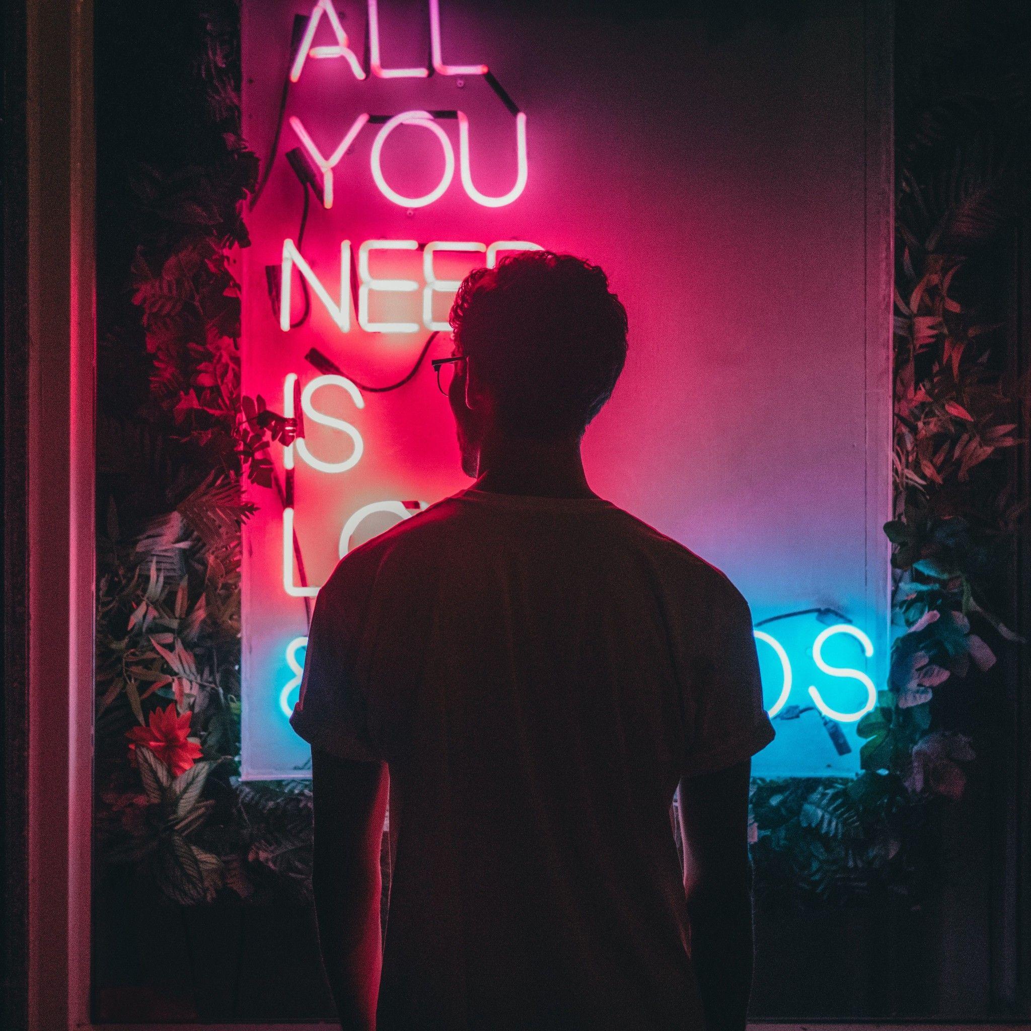2048x2048 All You Need Is Love And Friends Neon Man Standing 5k