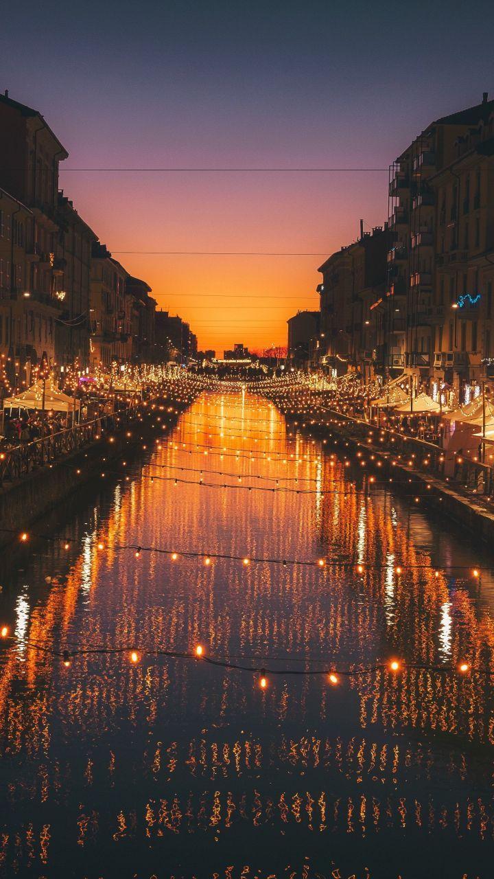 720x1280 Milan, city, river, night, lights, celebrations, 720x1280