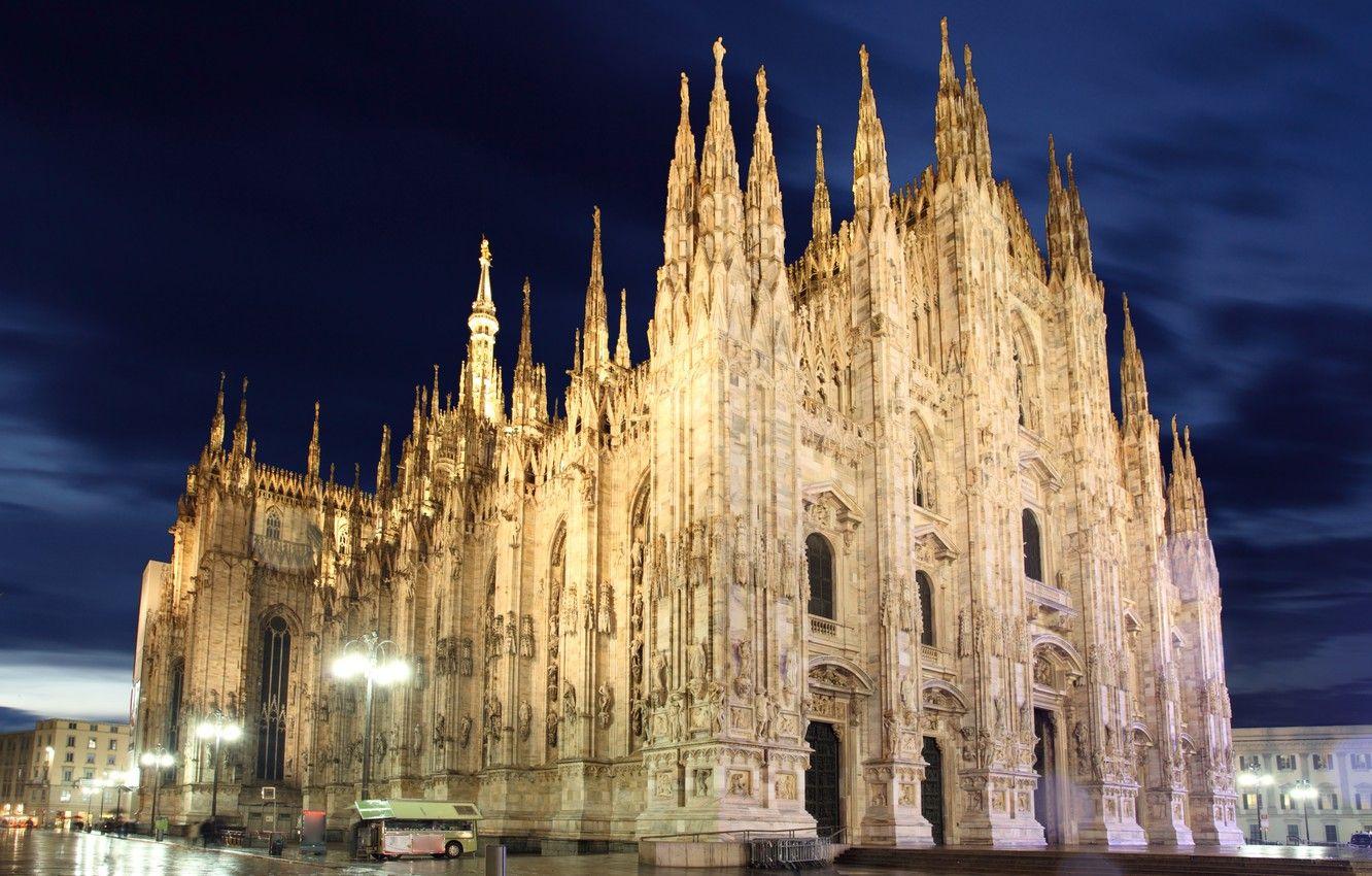1332x850 Wallpaper lights, cathedral, Italy, night, Italia, Milan, Milano