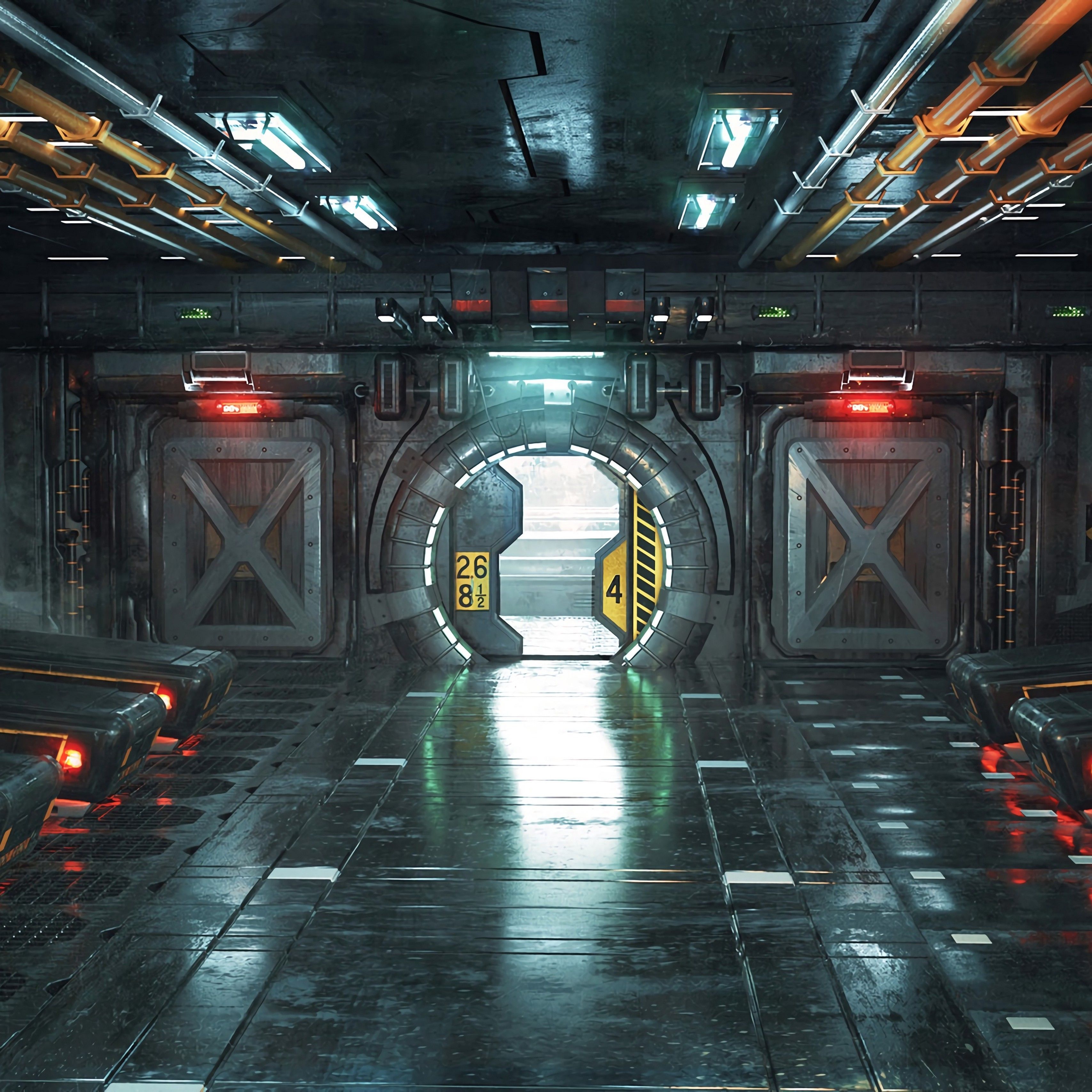 3415x3415 Corridor Door Sci Fi Art 4k Wallpaper