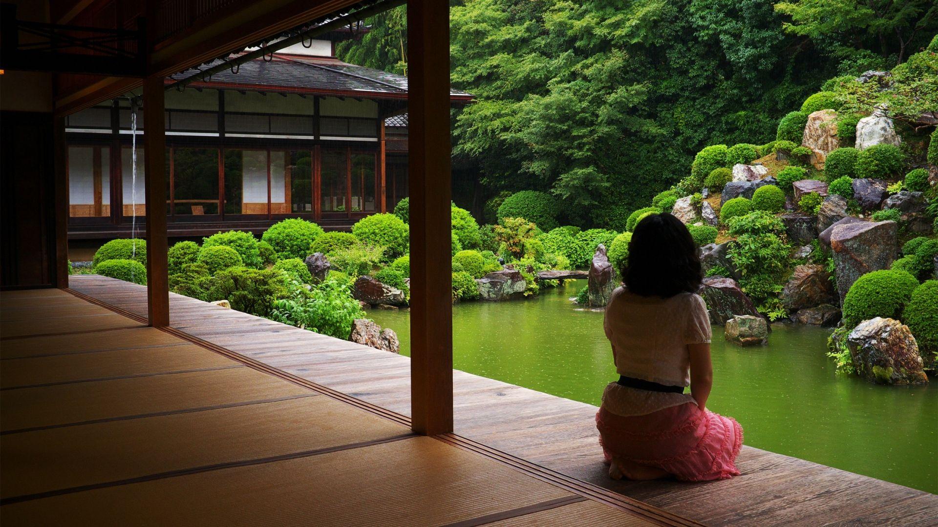 1920x1080 Full HD Wallpaper lake stone japan meditation brunette, Desktop