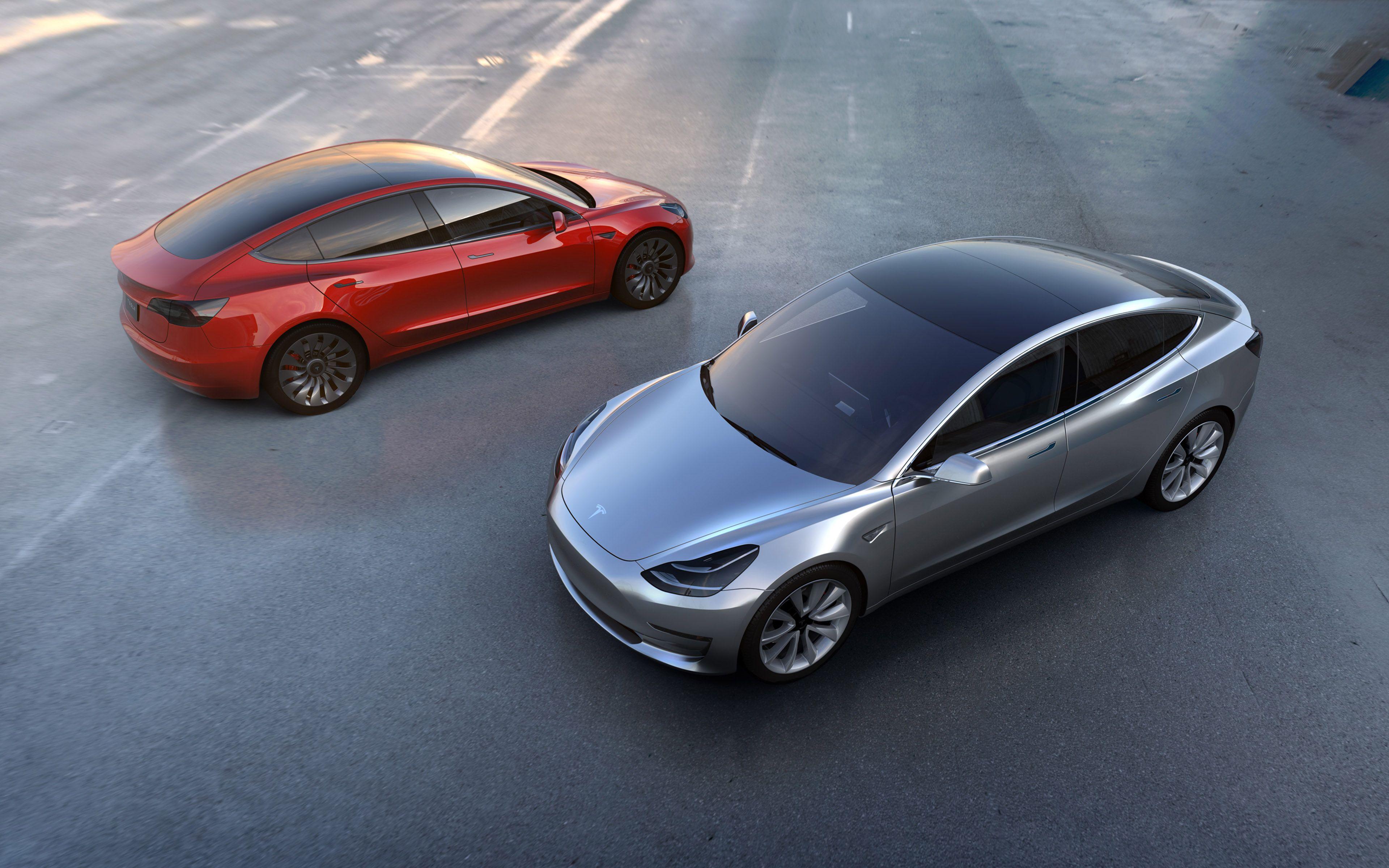 3840x2400 Tesla Model 3 Electric Car Red Silver Front Rear View Wallpaper