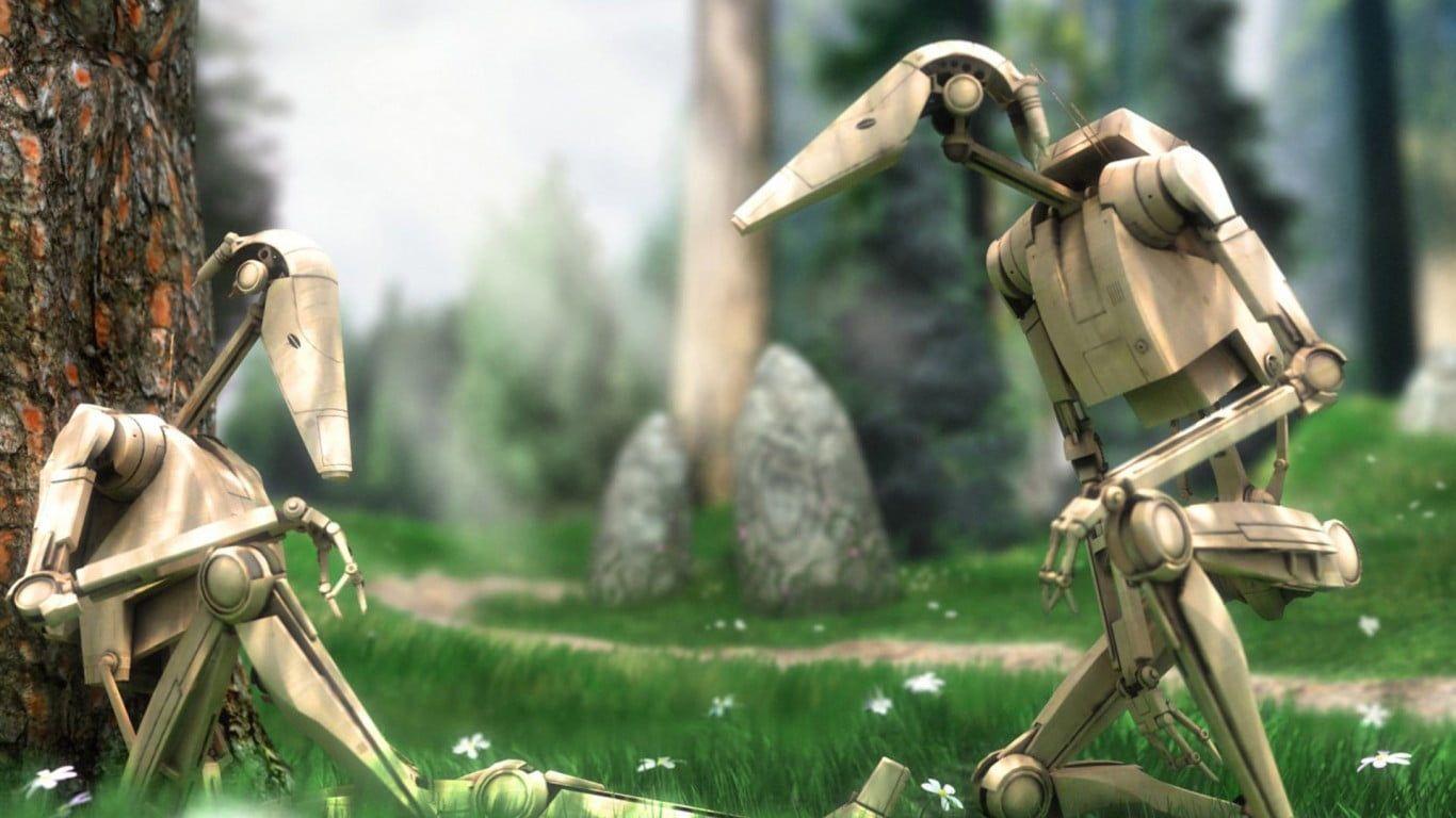 1366x768 Two gray steel robots, Star Wars, Star Wars: The Phantom Menace, star wars: episode I phantom menace, robot HD wallpaper