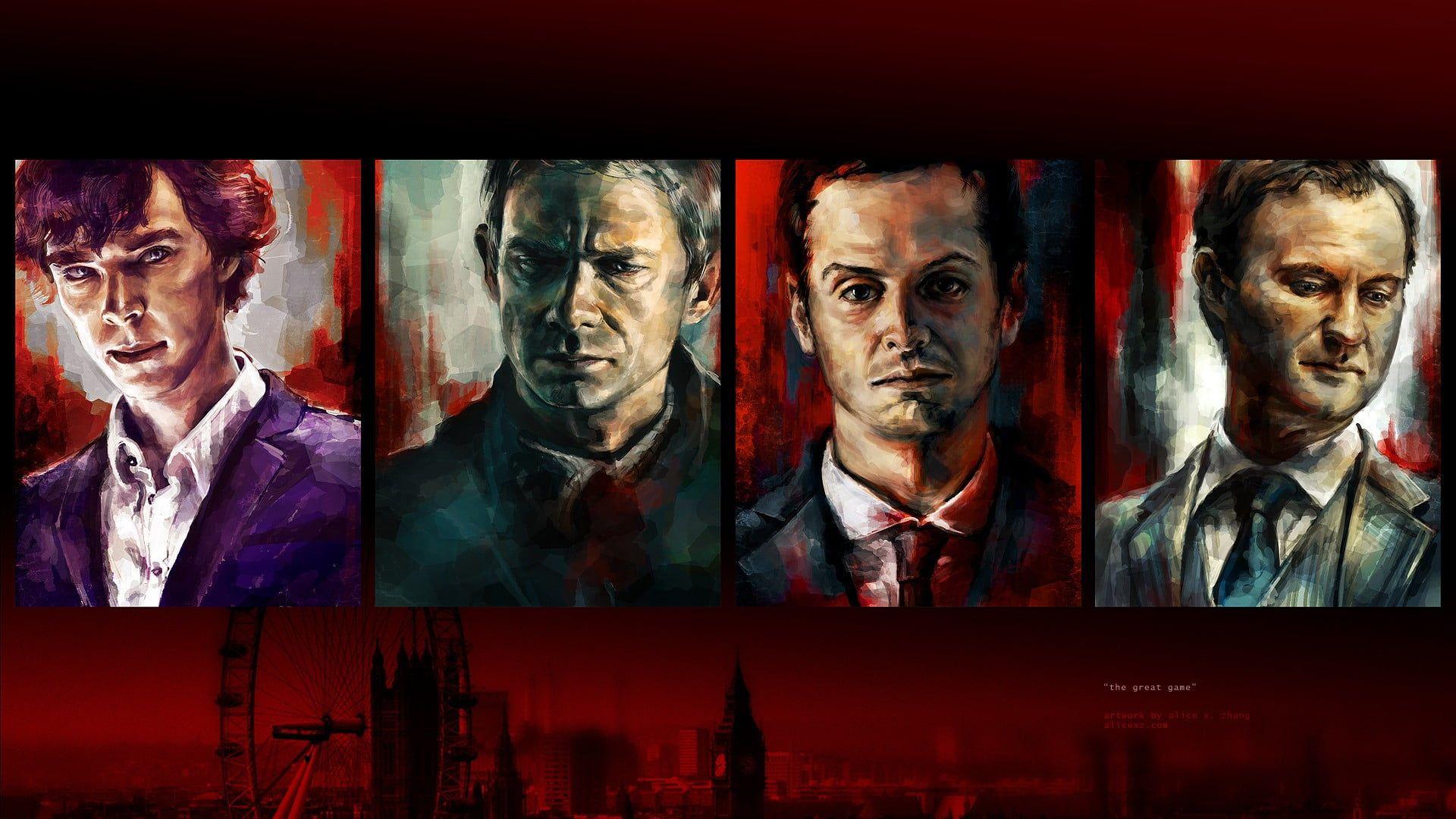 1920x1080 Four men portrait paintings, Sherlock, John Watson, James Moriarty