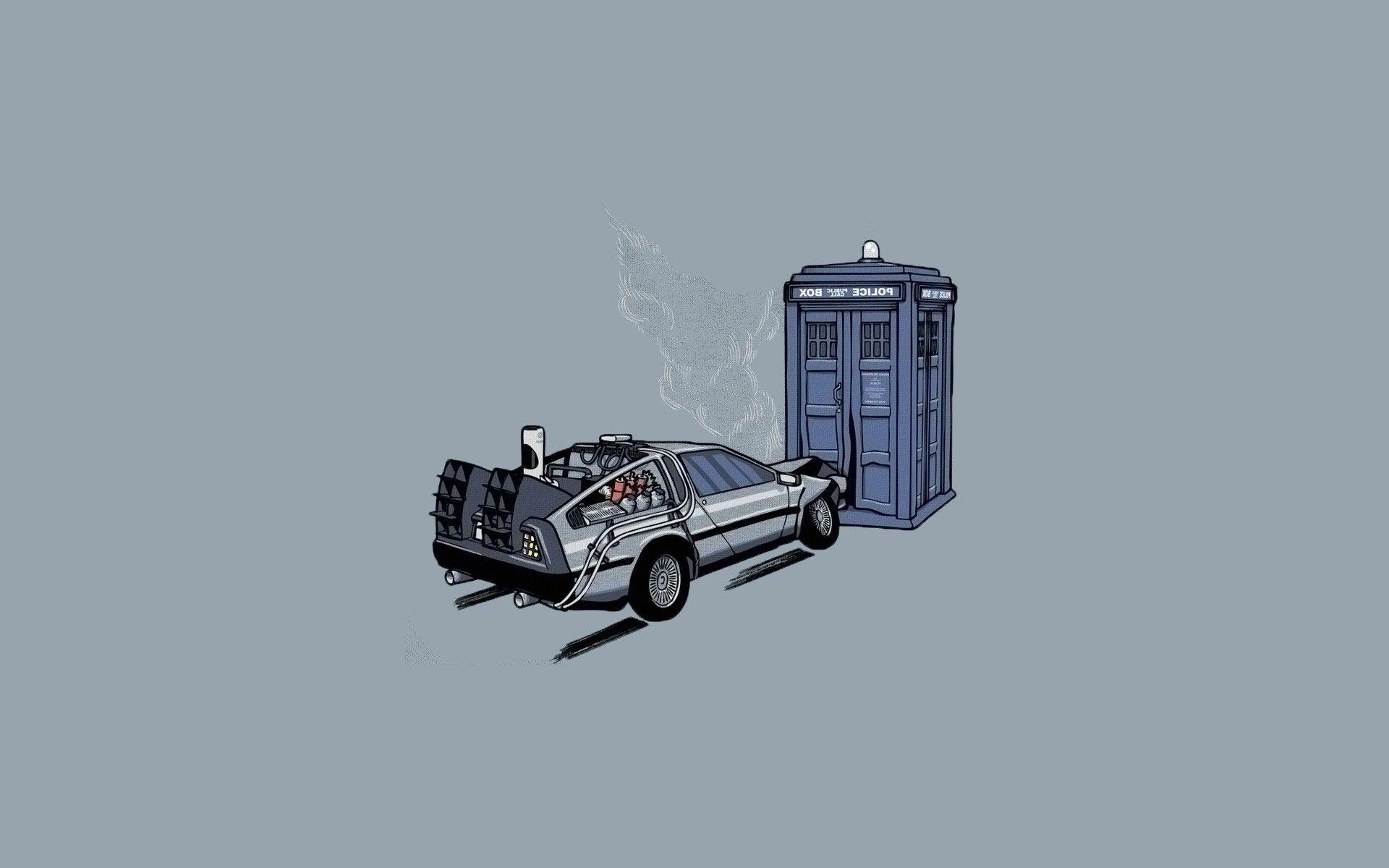 1920x1200 crash, Lightning, Storm, Vintage, TARDIS, DeLorean, Doctor Who, Back To The Future, Simple Background, Minimalism, Crossover Wallpaper HD / Desktop and Mobile Background
