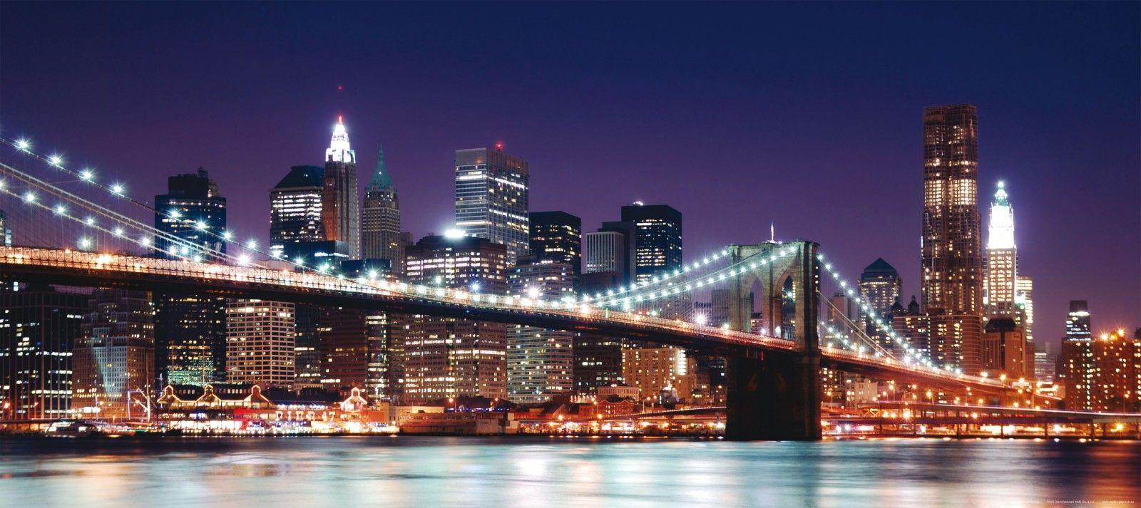 1600x713 Wall mural wallpaper Brooklyn Bridge night illuminated New York