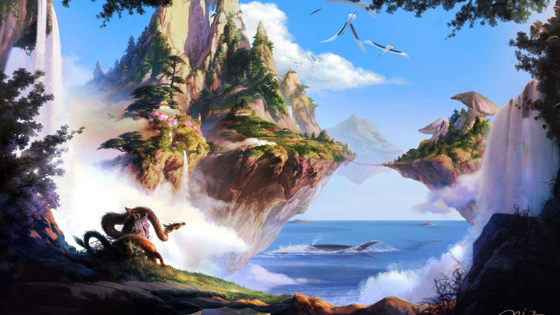 1920x1080 Island, Nature, Art, Flying, Bridge, Sea, Dragon