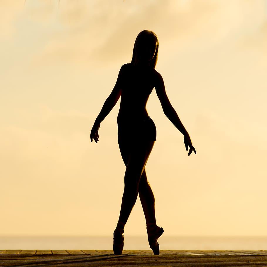910x910 HD wallpaper: silhouette of woman performing ballet, sunset, full
