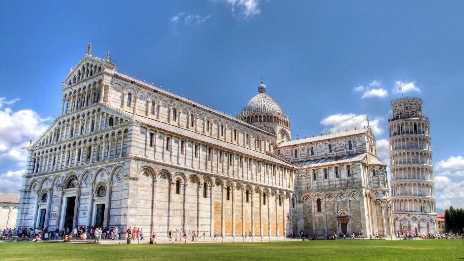 1920x1080 Ancient: Cathedral Leaning Tower Pisa Grass Visitors Wallpaper