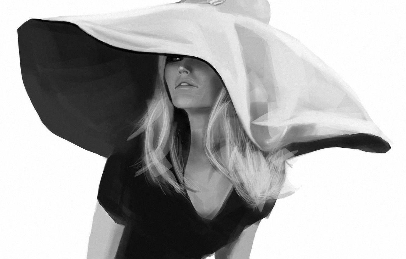 1332x850 Wallpaper girl, figure, hat, black and white, monochrome, Brigitte