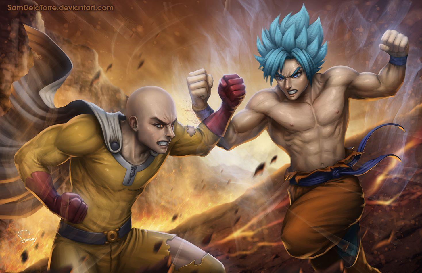 1468x950 Anime Crossover Saitama Goku One Punch Man Dragon Ball Super