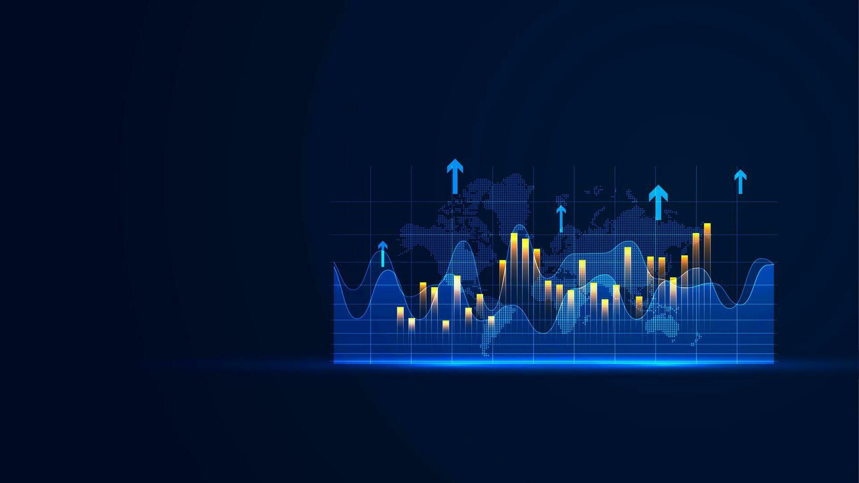1742x980 Stock market growth in futuristic technology style. Business growth wallpaper with the glowing bar chart static and up arrow. Graphic of successful financial development on the dark background 35083862 Vector Art