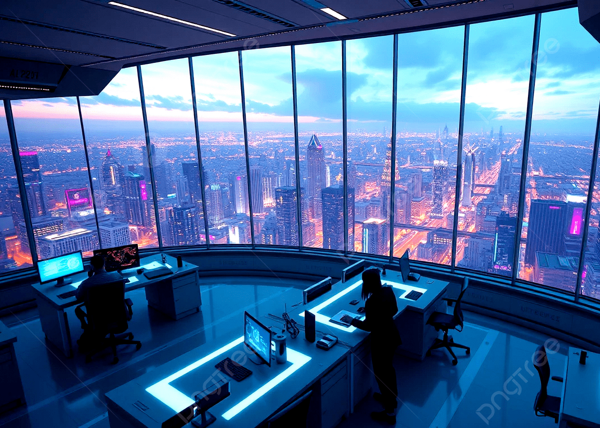1200x857 Breathtaking Futuristic Office Floating Above A Cyberpunk Inspired City With Panoramic Windows, Office, Windows, Cyberpunk Background Image And Wallpaper for Free Download