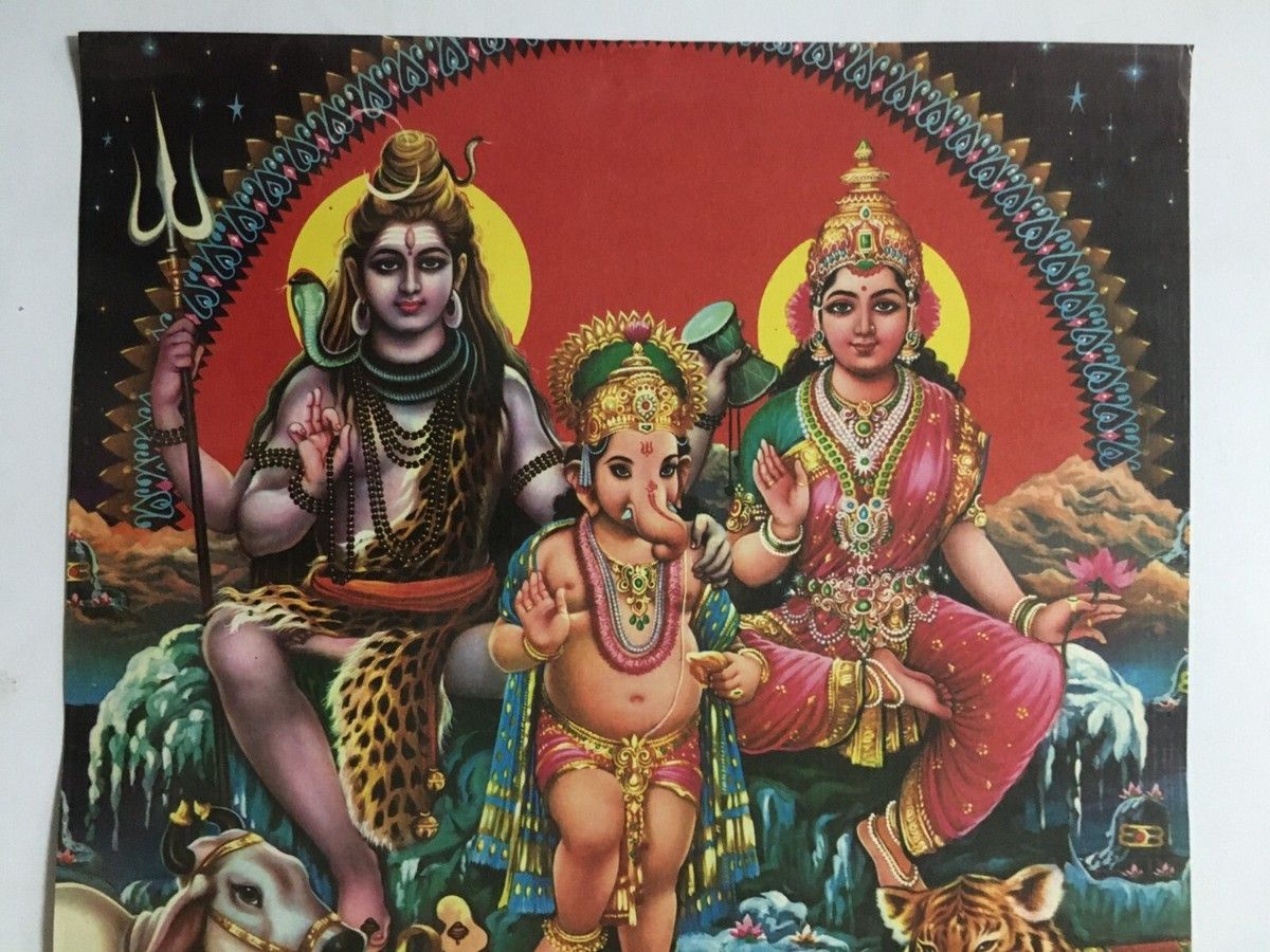 1200x900 India Religious Print LORD SHIVA FAMILY -PARVATI & GANESHA 10in x 14in