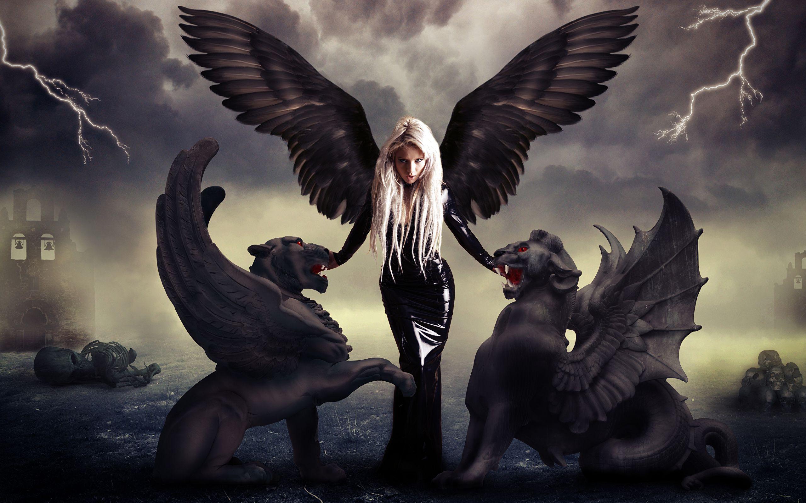 2560x1600 Wallpaper Blonde girl Wings Lightning Girls Fantasy 2560x1600