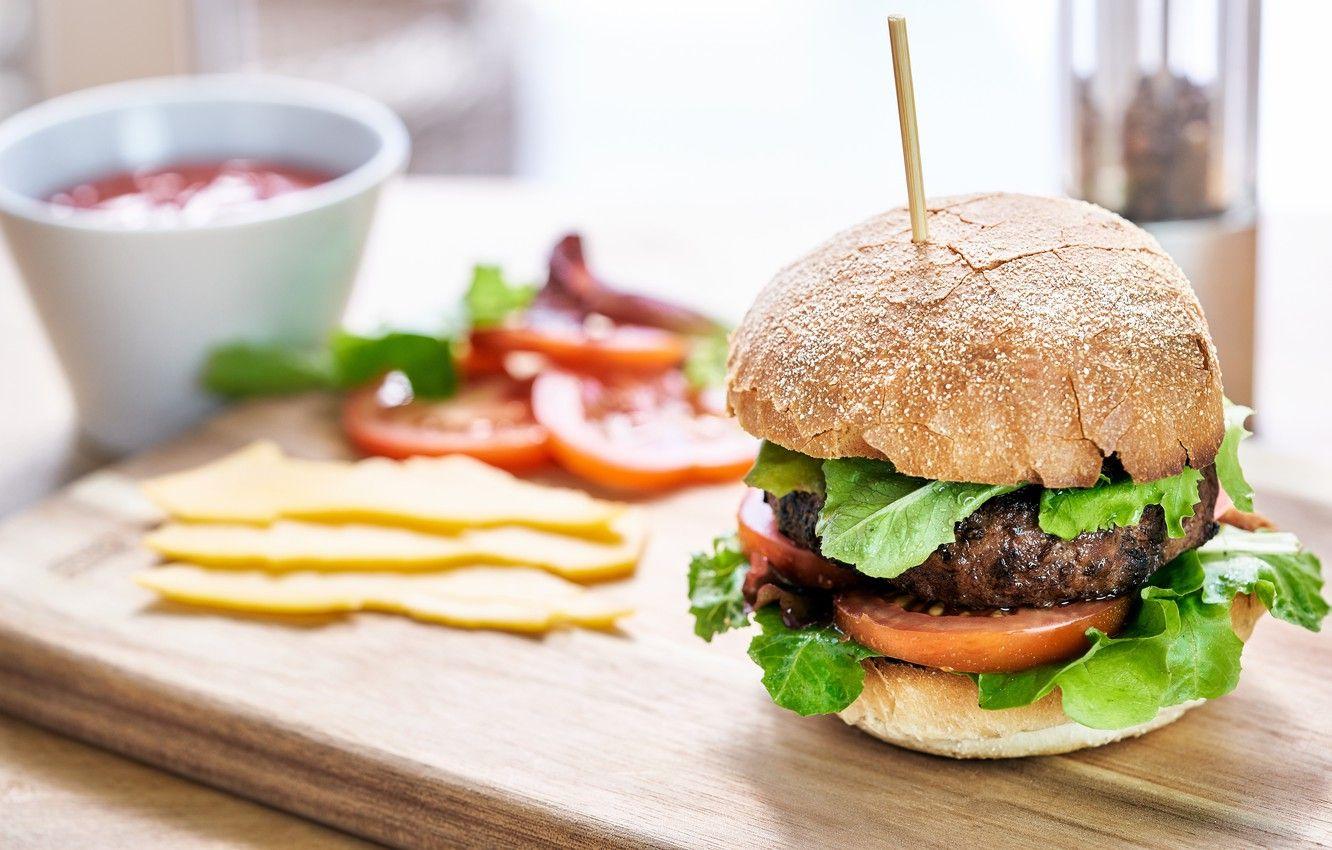1332x850 Wallpaper cheese, tomato, hamburger, Patty, ketchup, lettuce
