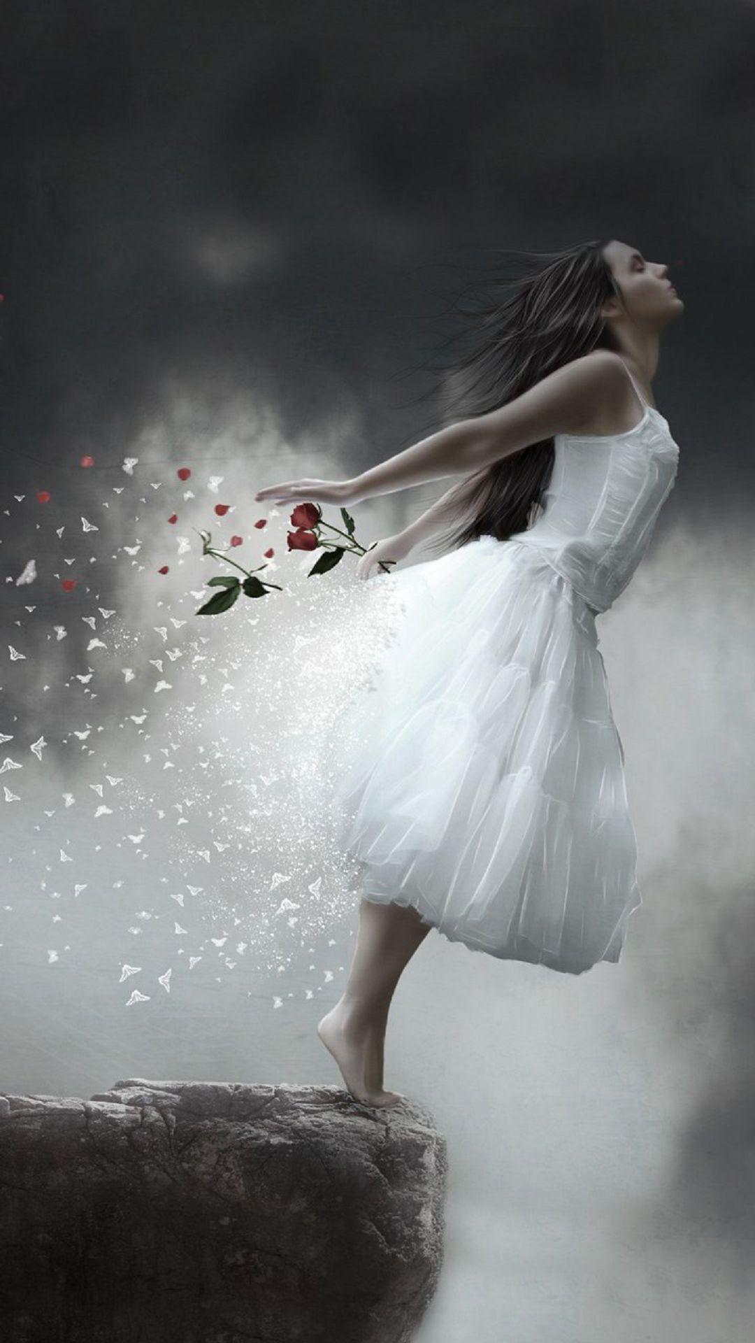 1080x1920 Girl On A Cliff White Dress Red Rose Smartphone Wallpaper HD. Fantasy photography, Fantasy girl, Gothic fantasy art