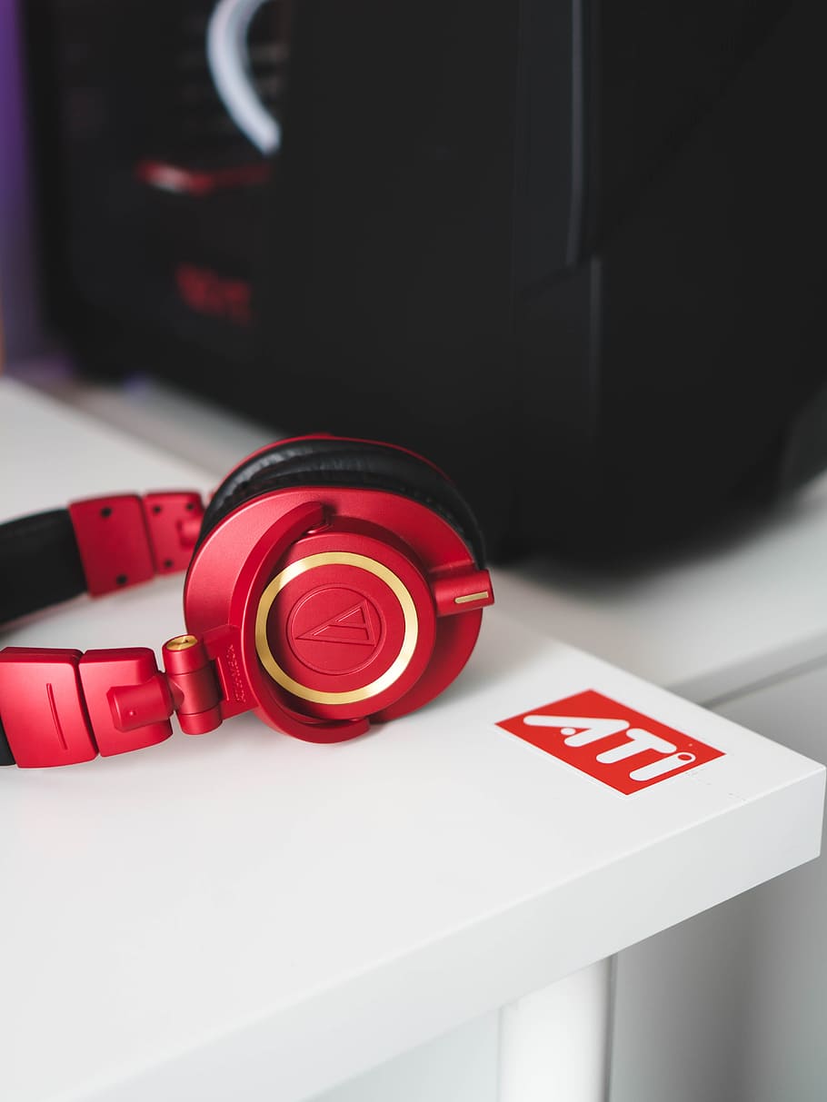 910x1213 HD wallpaper: red Audio Technica headphones, minimalism, desk setup, dhehaivan