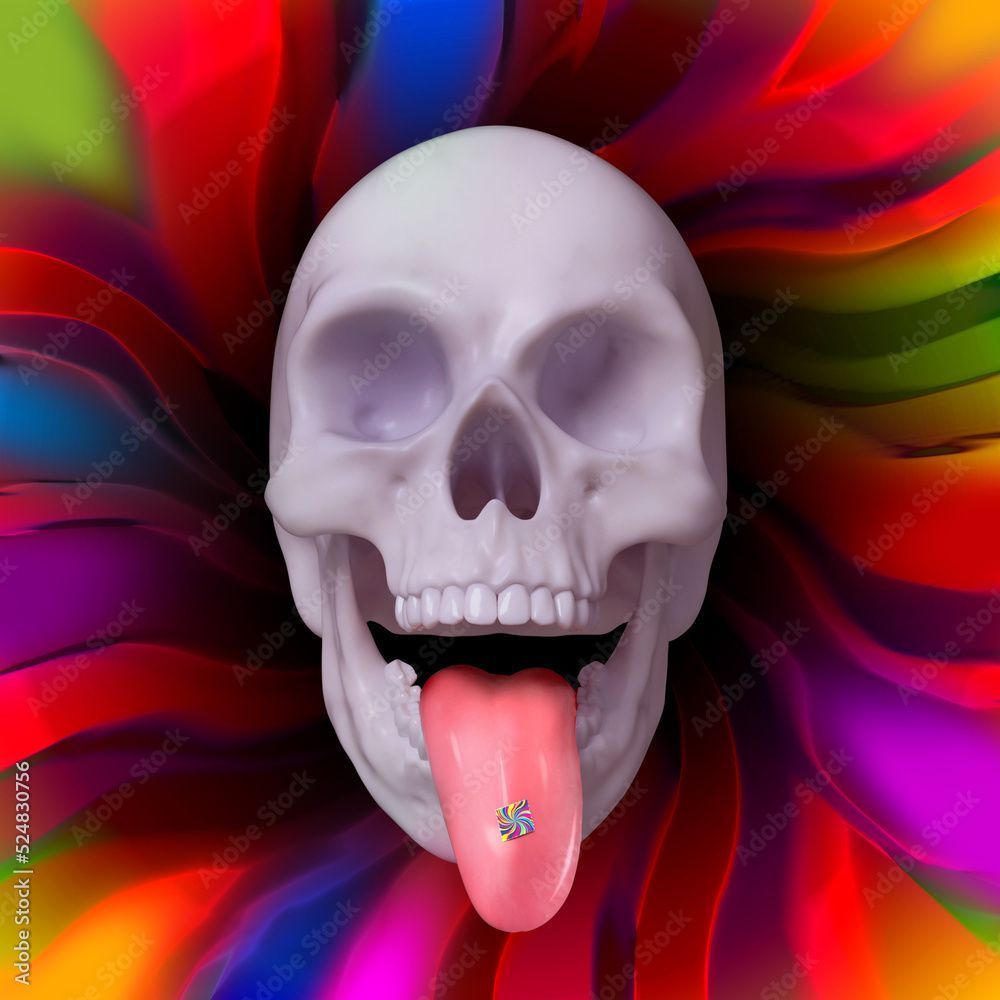 1000x1000 Abstract illustration from 3D rendering of skull sticking its tongue out with LSD acid tab on trippy psychedelic and bright colorful background. Stock Illustration