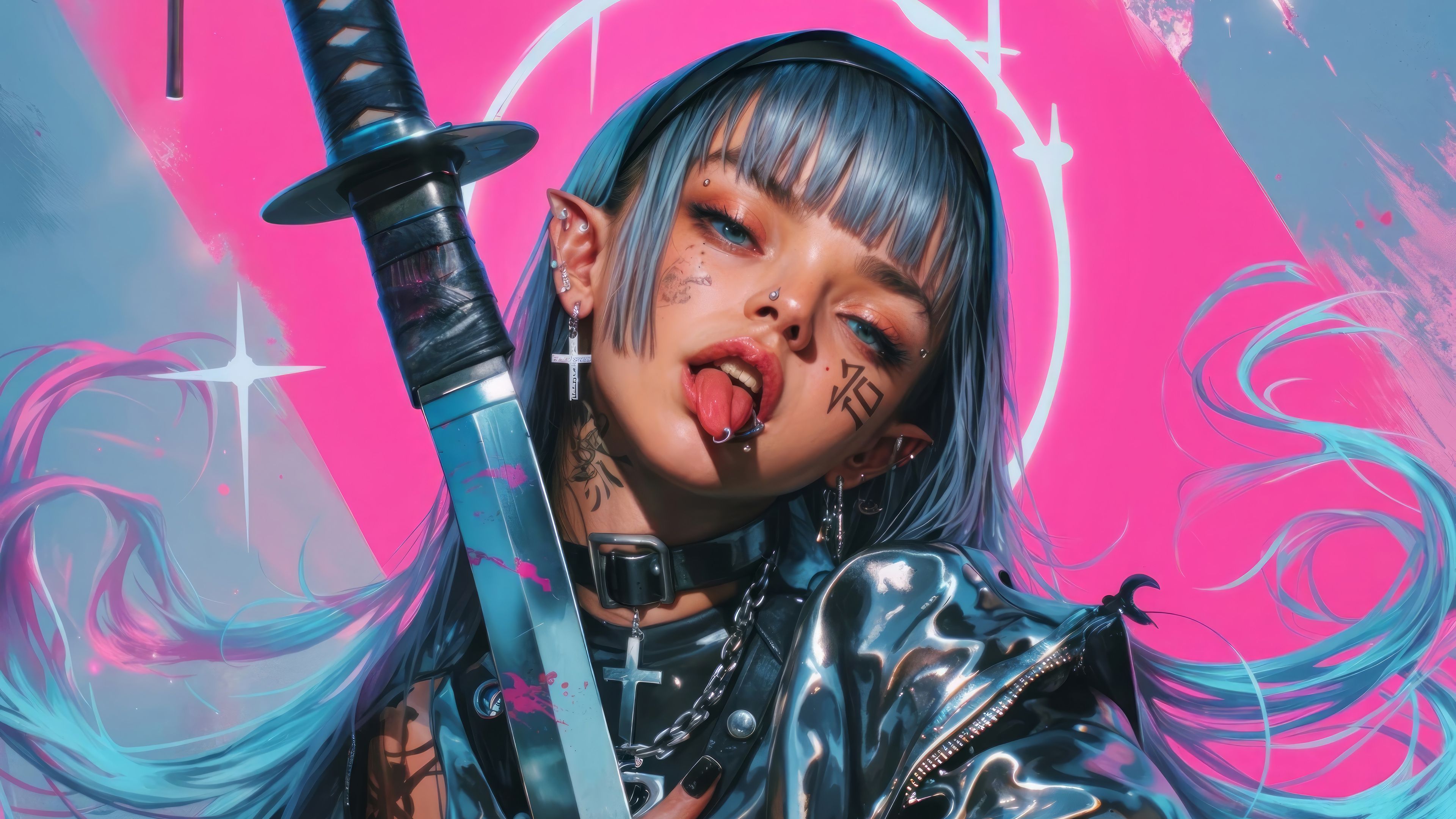 3840x2160 Anime Girl Katana Tongue Out Wallpaper 4K HD PC j
